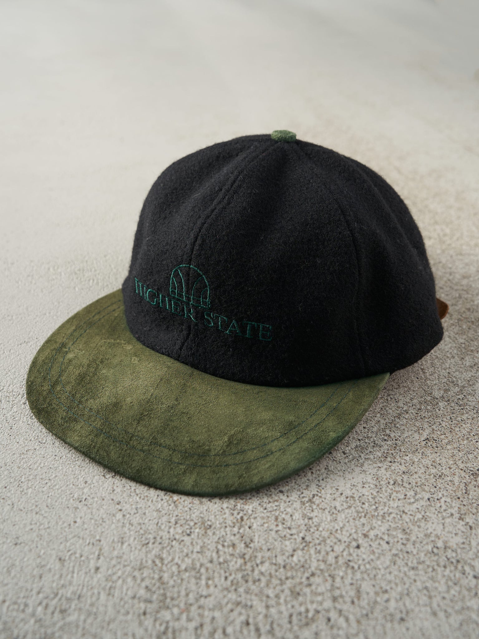 Vintage 90s Black & Green Embroidered Higher State Wool & Suede Leather Strap Back Hat