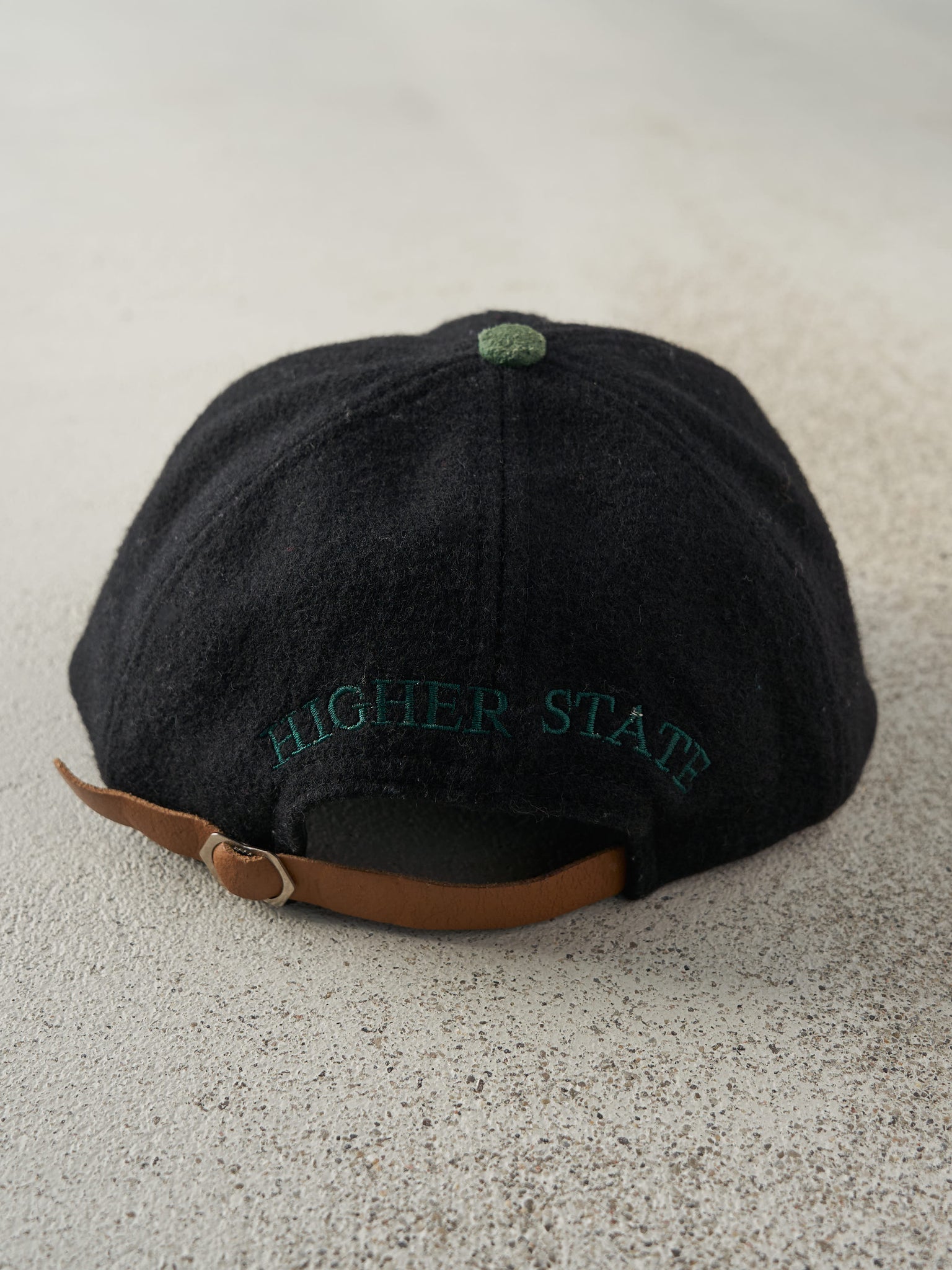 Vintage 90s Black & Green Embroidered Higher State Wool & Suede Leather Strap Back Hat