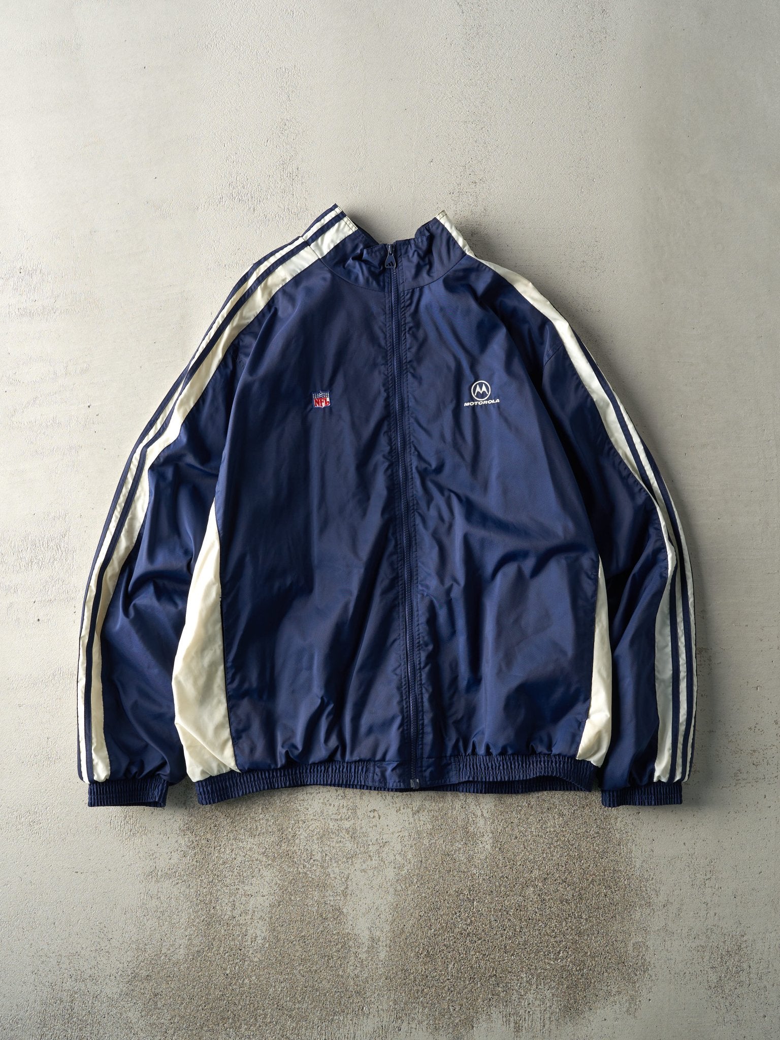 Vintage Y2K Navy Blue & White NFL x Motorola Zip Up Windbreaker Jacket (L/XL)