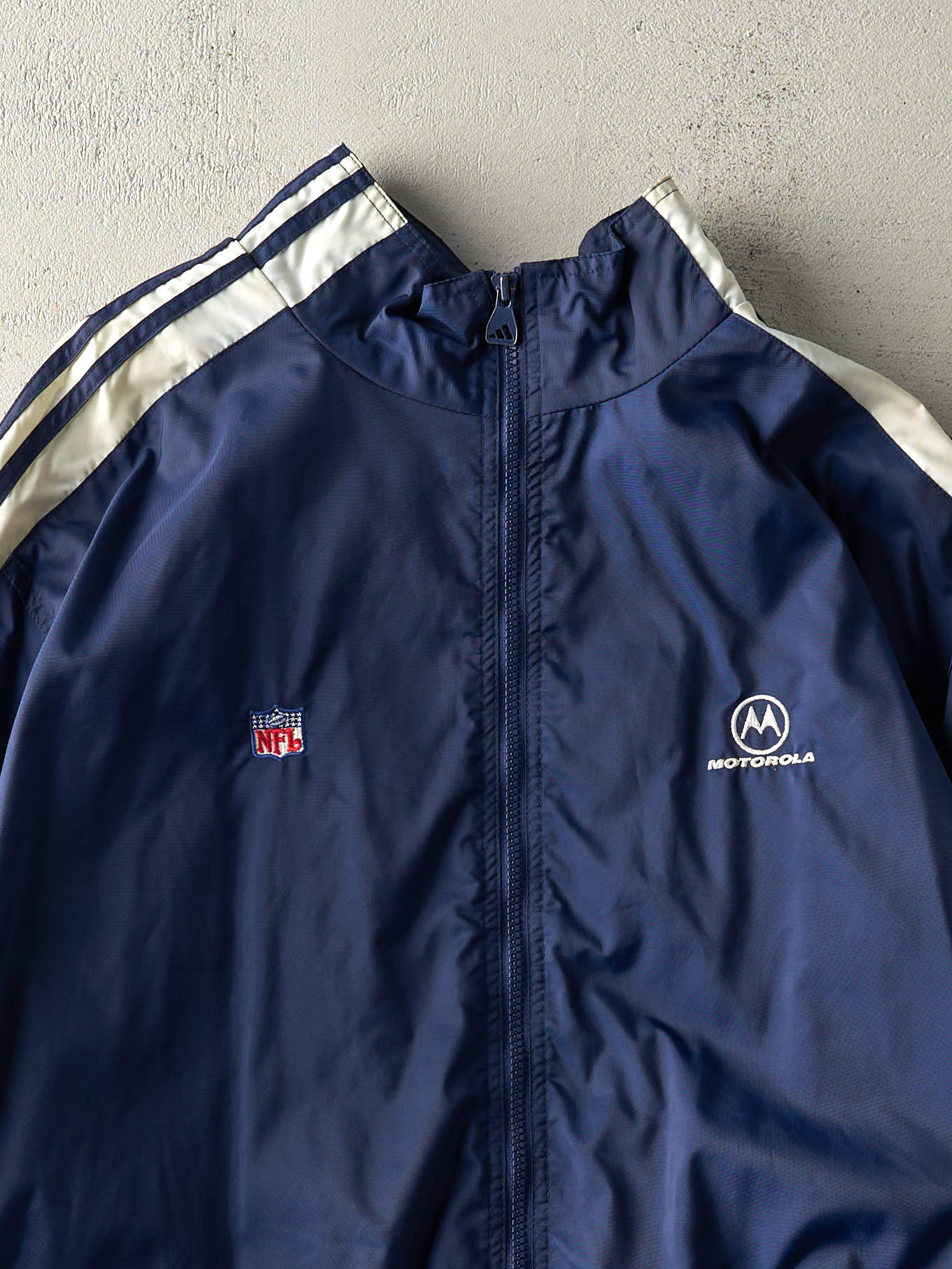 Vintage Y2K Navy Blue & White NFL x Motorola Zip Up Windbreaker Jacket (L/XL)