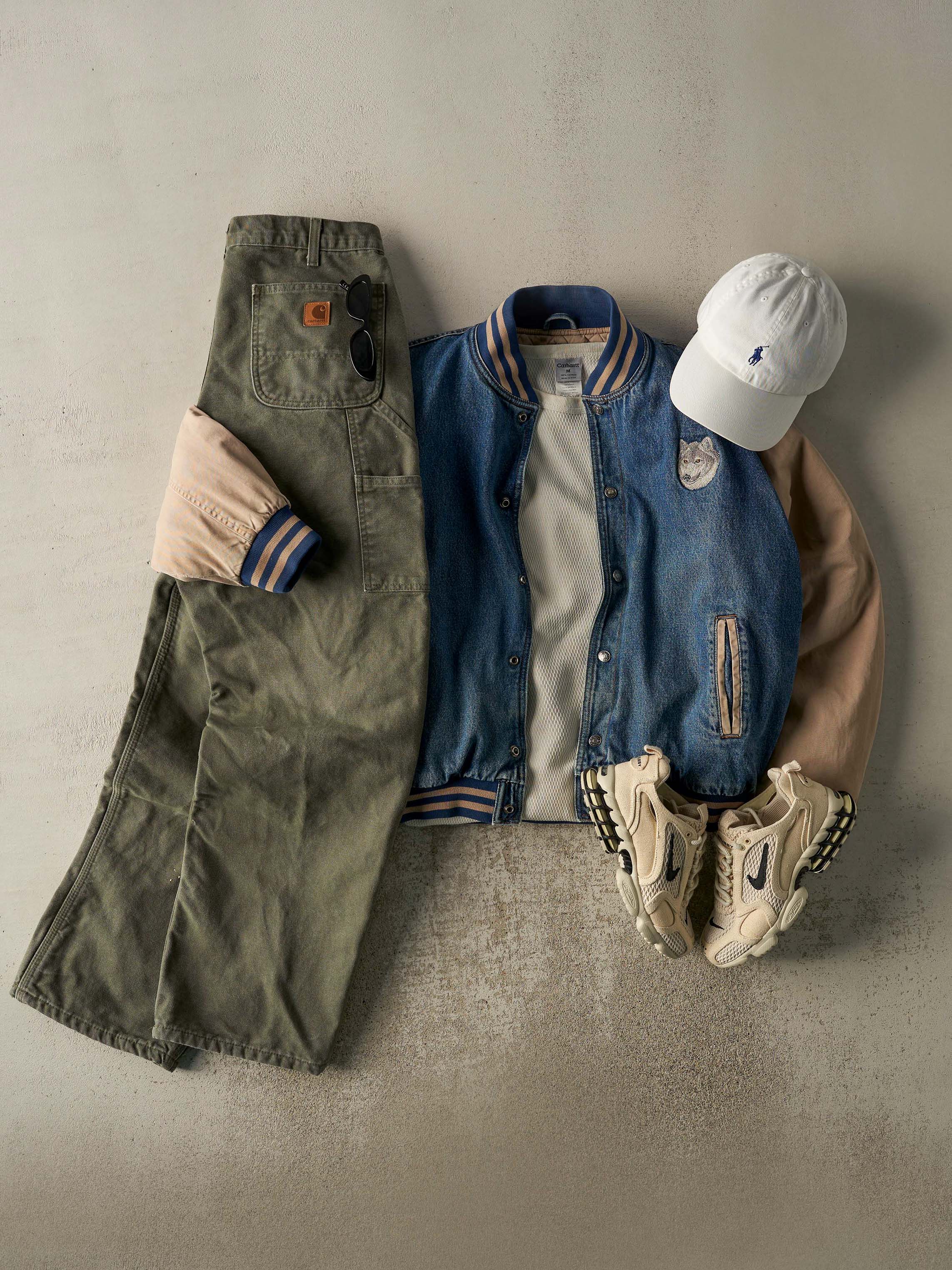 Vintage 90s Mid Wash Denim & Beige Wolf Embroidered Varsity Jacket (M/L)