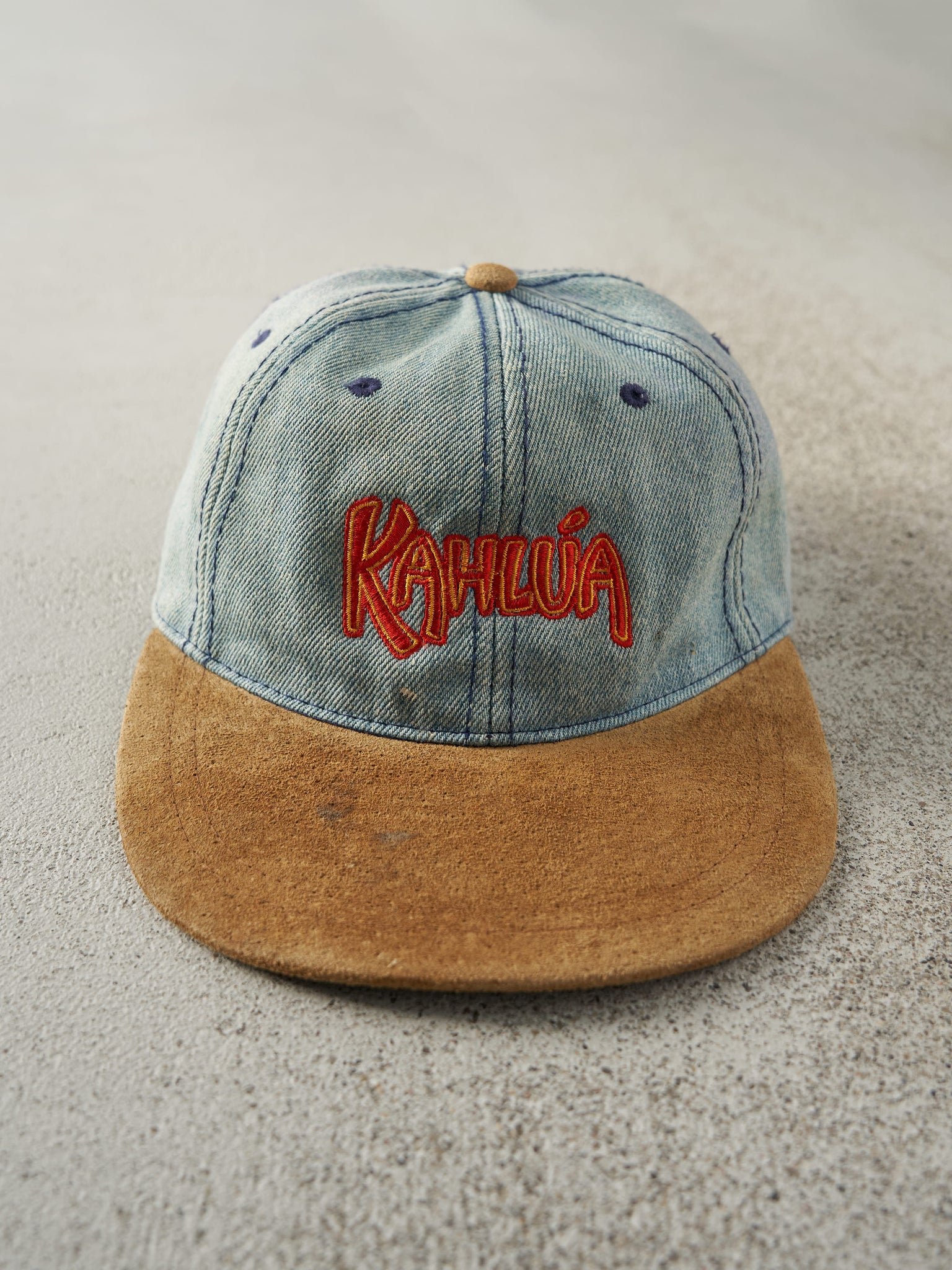 Vintage 90s Light Wash Kahlua Embroidered Leather Strap Back Hat