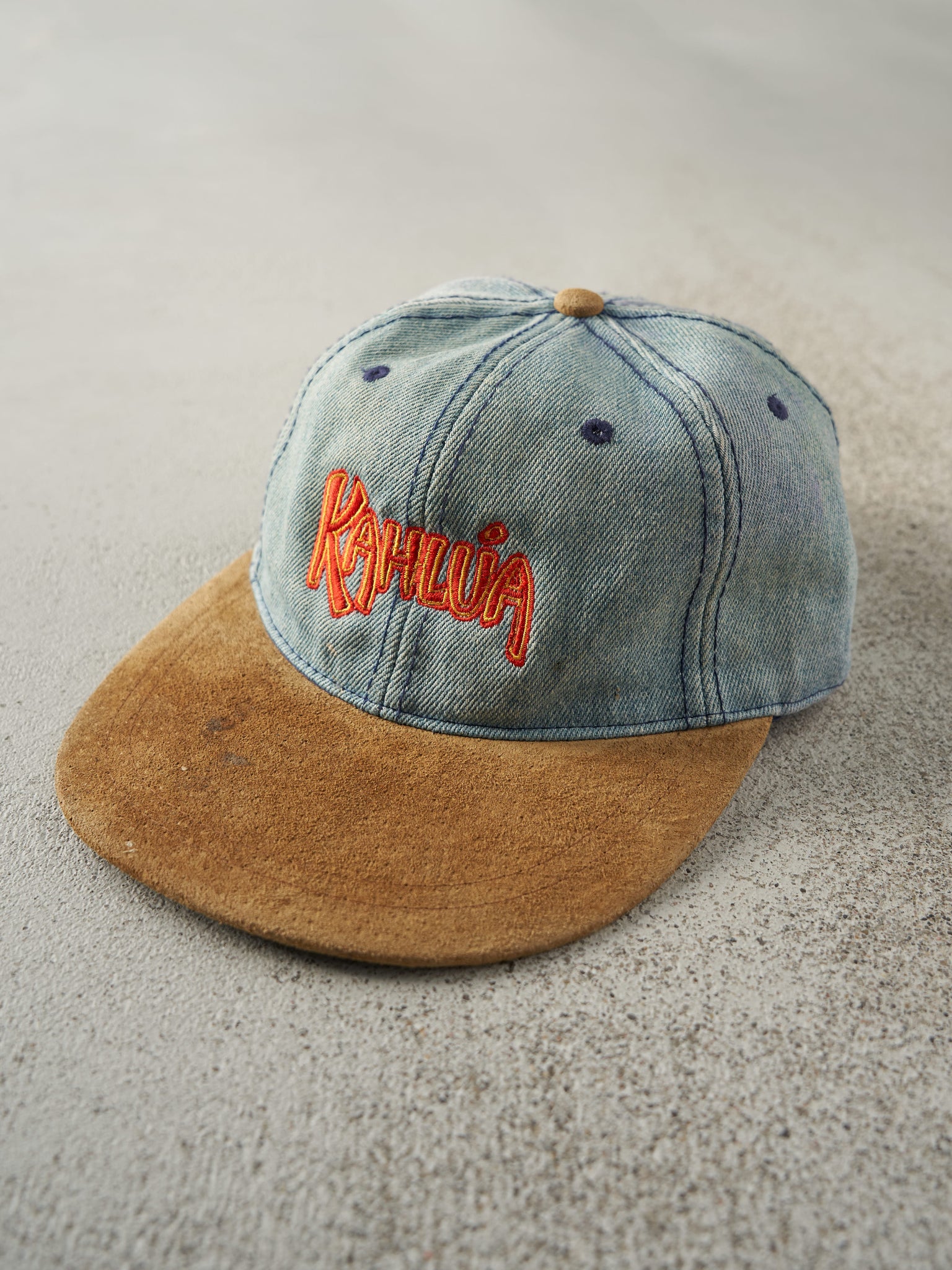 Vintage 90s Light Wash Kahlua Embroidered Leather Strap Back Hat