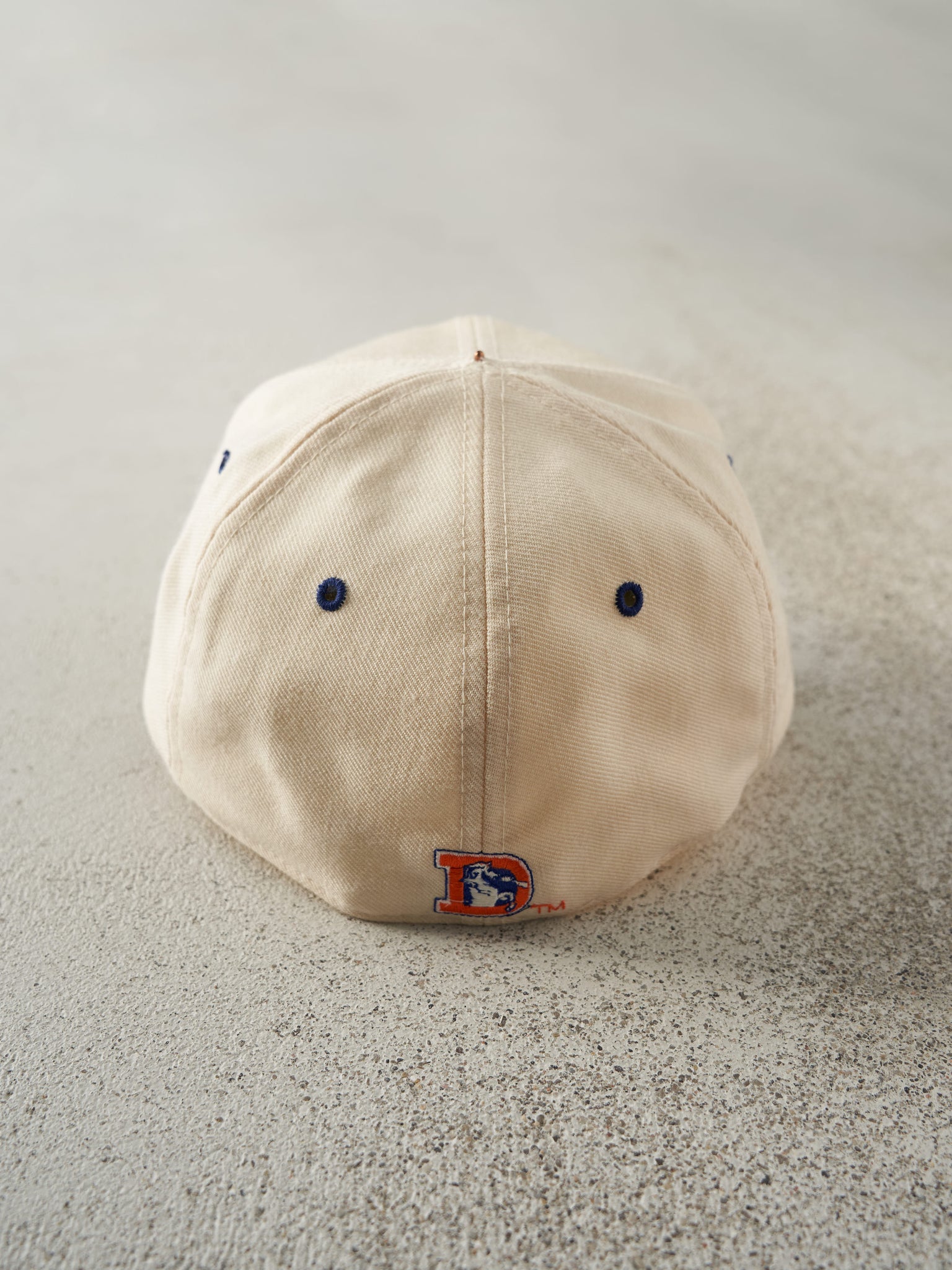 Vintage 90s Beige & Blue Embroidered Denver Broncos Wool Fitted Hat (7 1/2)