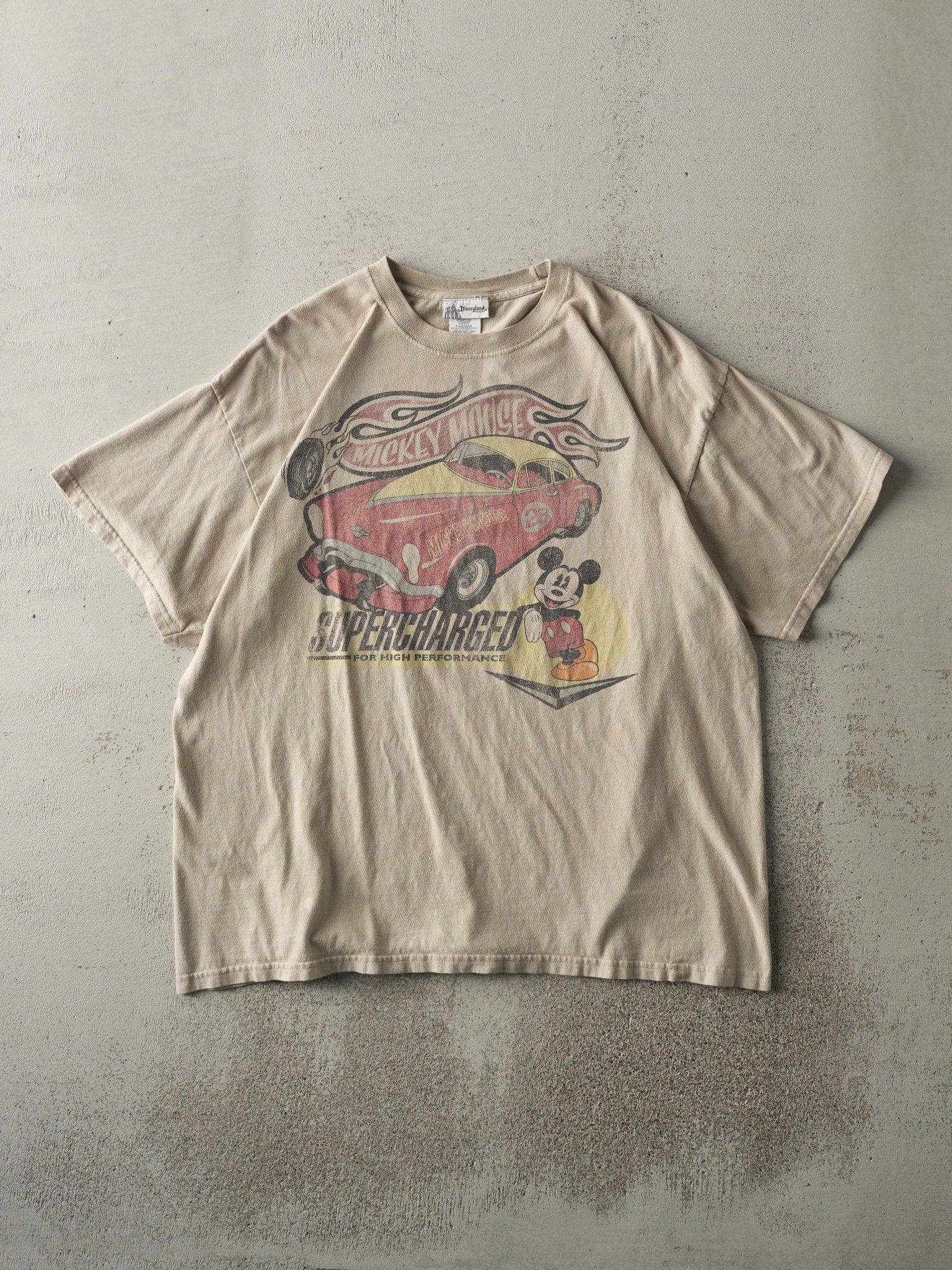 Vintage Y2K Beige Mickey Mouse Racing Tee (L)