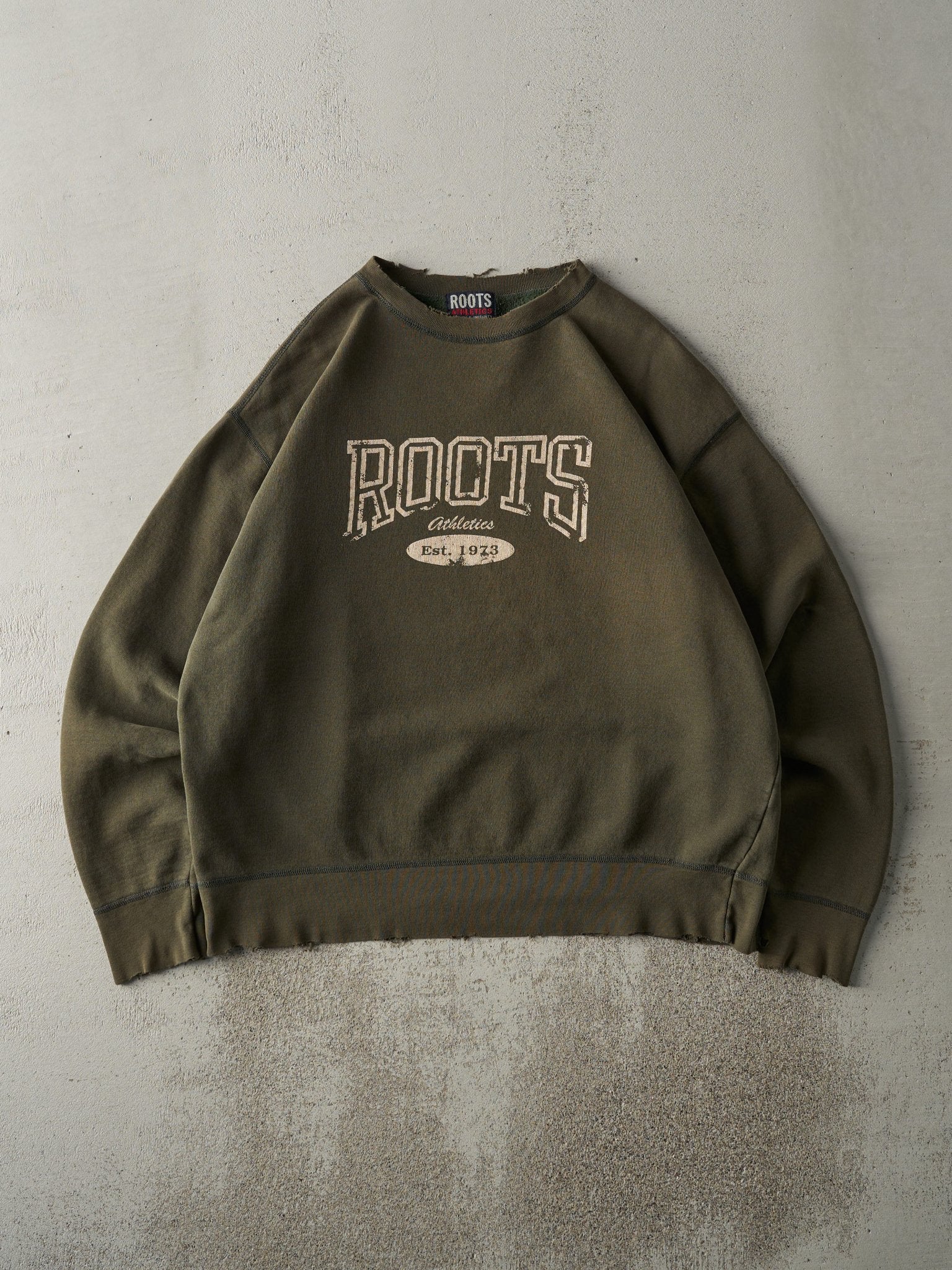 Vintage Y2K Sun Faded Army Green Roots Athletics Boxy Crewneck (XL)