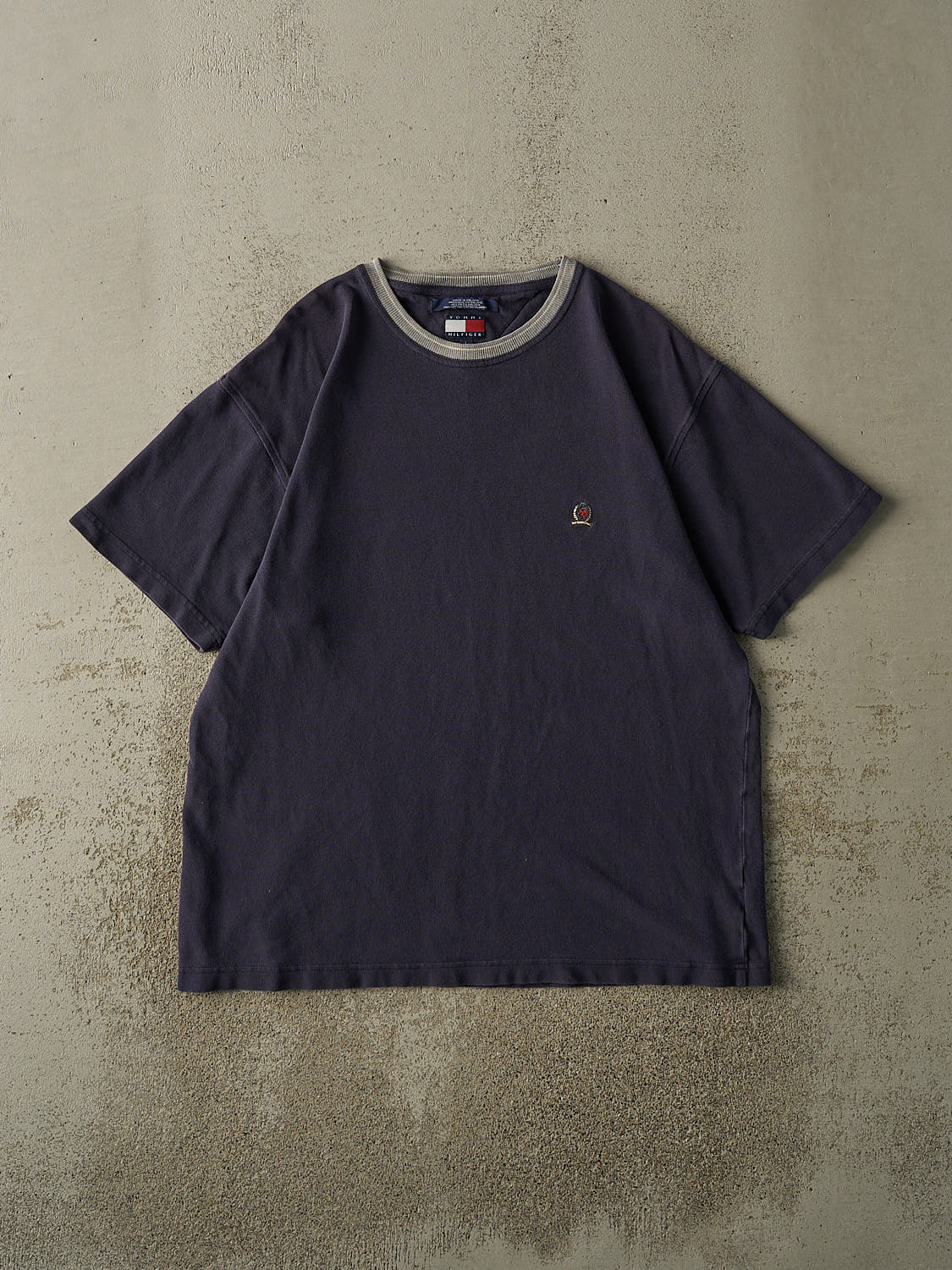 Vintage 90s Navy Blue Tommy Hilfiger Embroidered Textured Tee (L/XL)