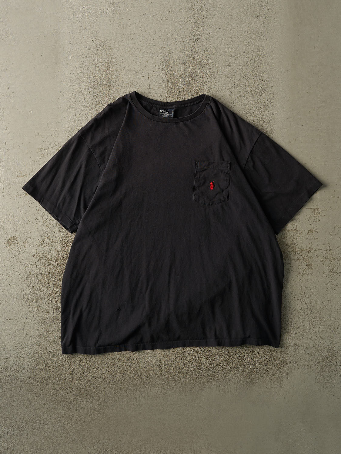 Vintage 90s Faded Black Ralph Lauren Pocket Single Stitch Tee (XL)
