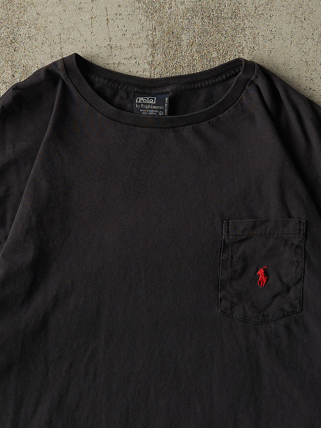 Vintage 90s Faded Black Ralph Lauren Pocket Single Stitch Tee (XL)