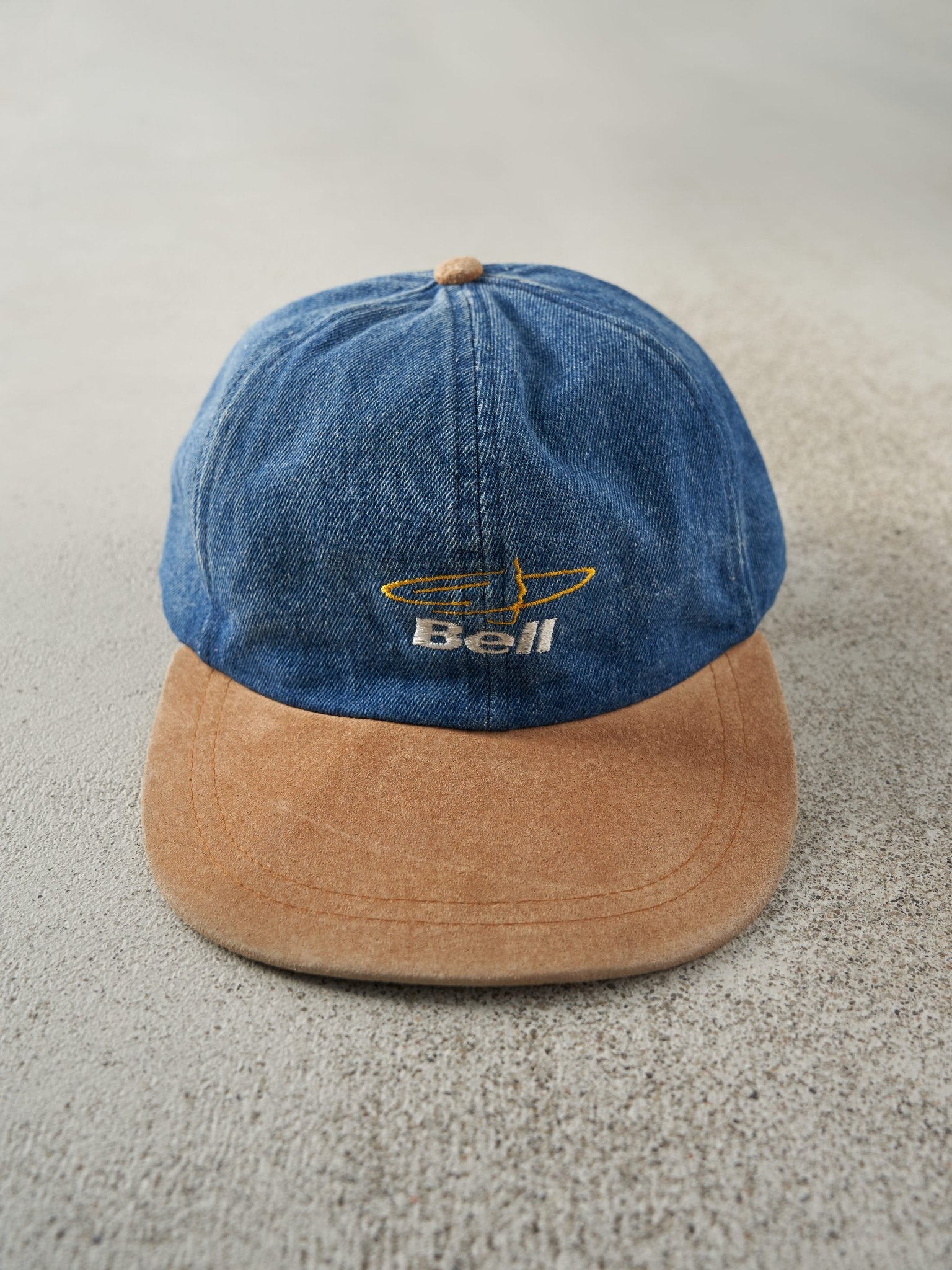Vintage 90s Denim Embroidered Bell Leather Strapback Hat