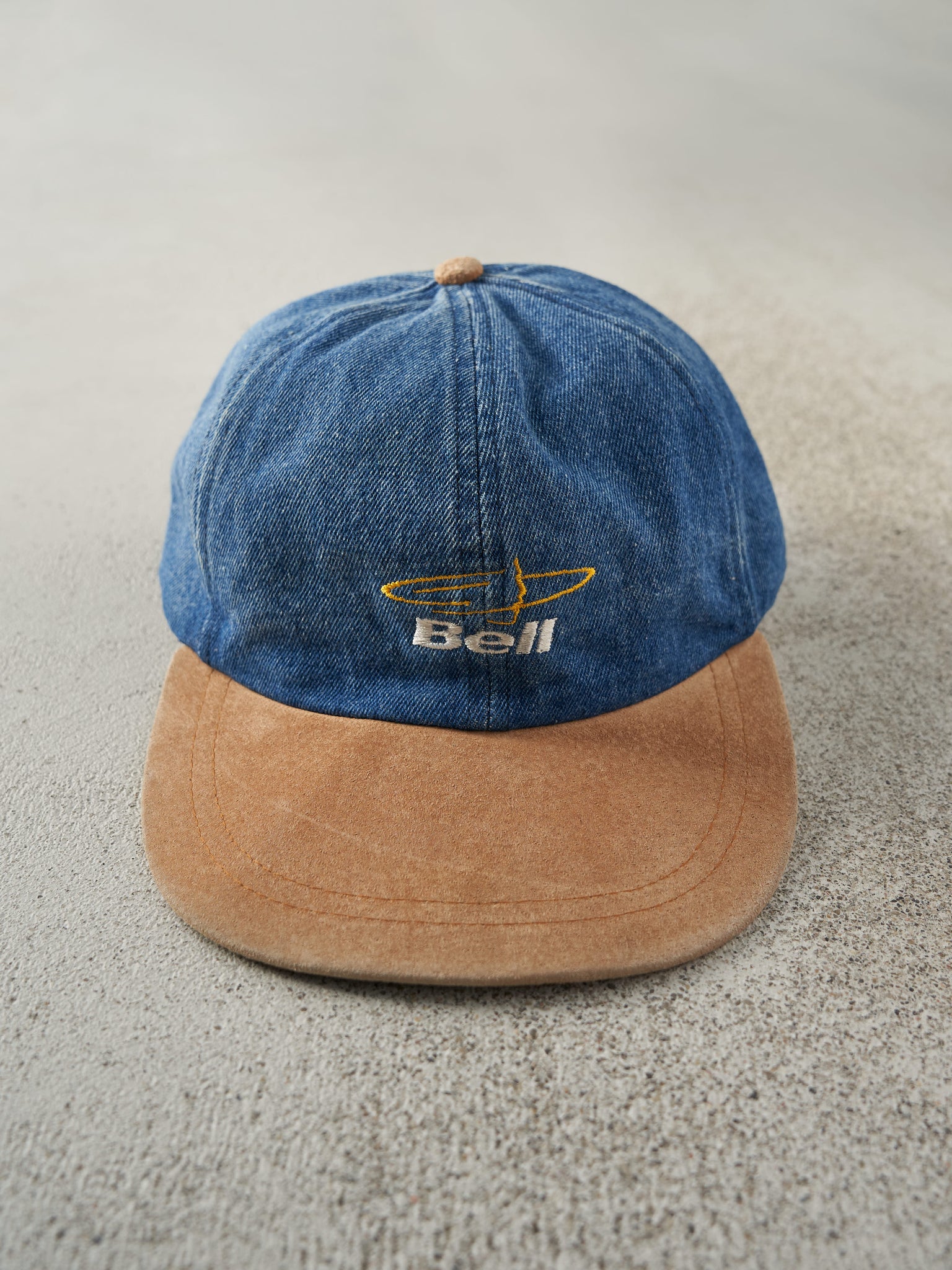 Vintage 90s Denim Embroidered Bell Leather Strap Back Hat