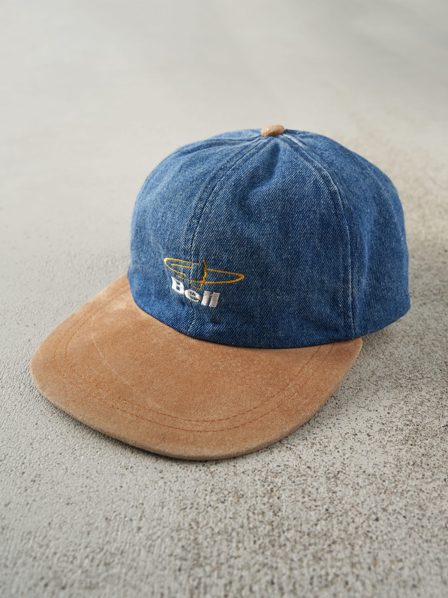 Vintage 90s Denim Embroidered Bell Leather Strap Back Hat