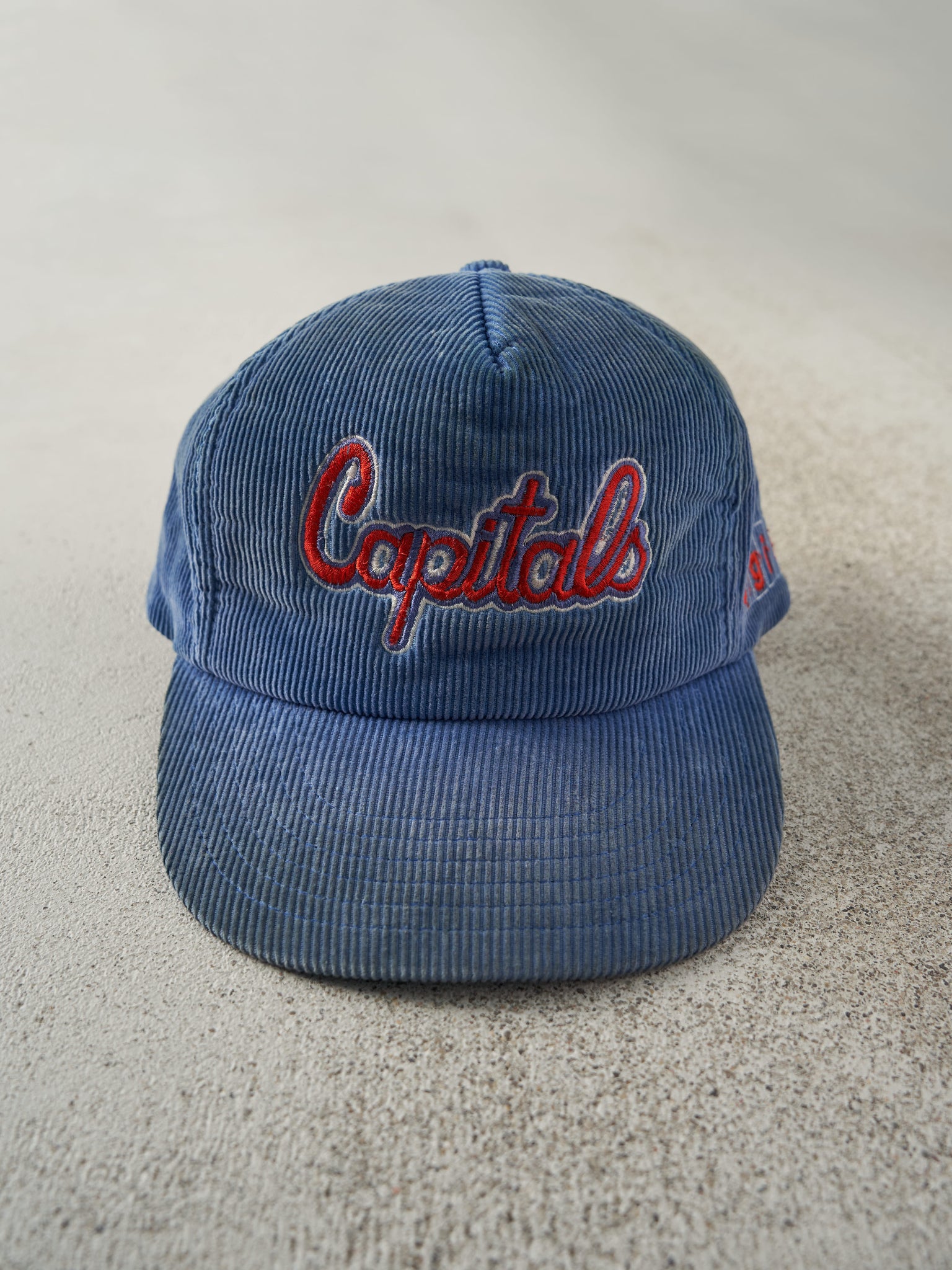 Vintage 80s Blue Embroidered Capitals Corduroy Snapback Hat