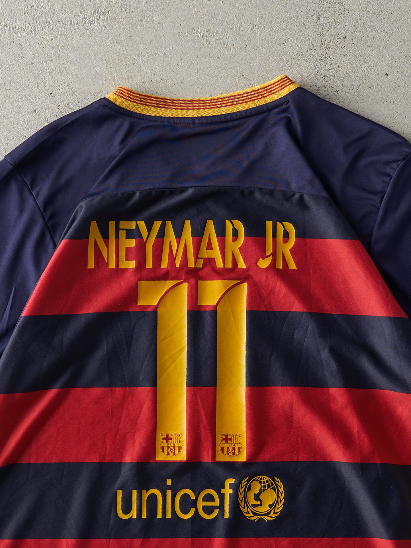 Vintage Y2K Navy Blue, Red & Yellow FCB Neymar Jr Soccer Jersey (M)