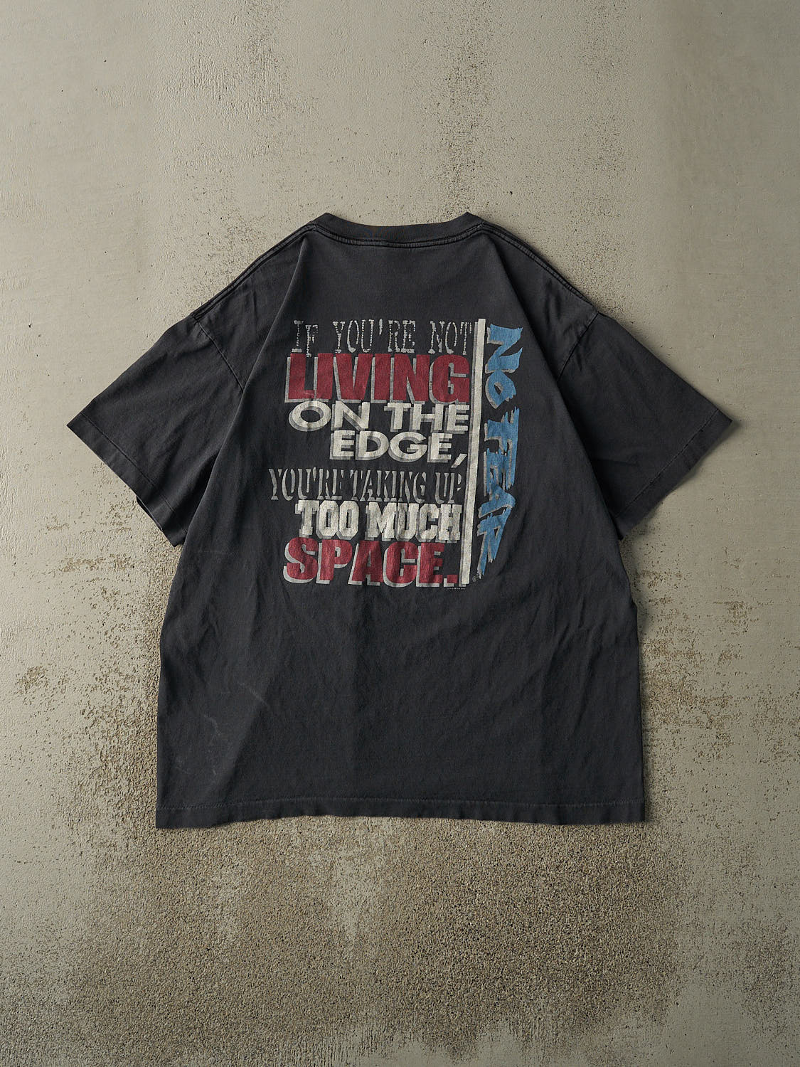Vintage 95' Faded Black No Fear "Living on the Edge" Single Stitch Tee (L/XL)