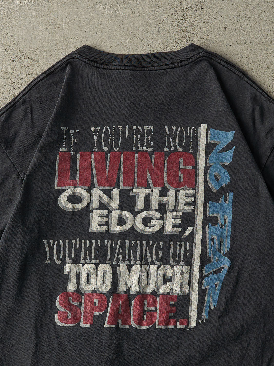 Vintage 95' Faded Black No Fear "Living on the Edge" Single Stitch Tee (L/XL)