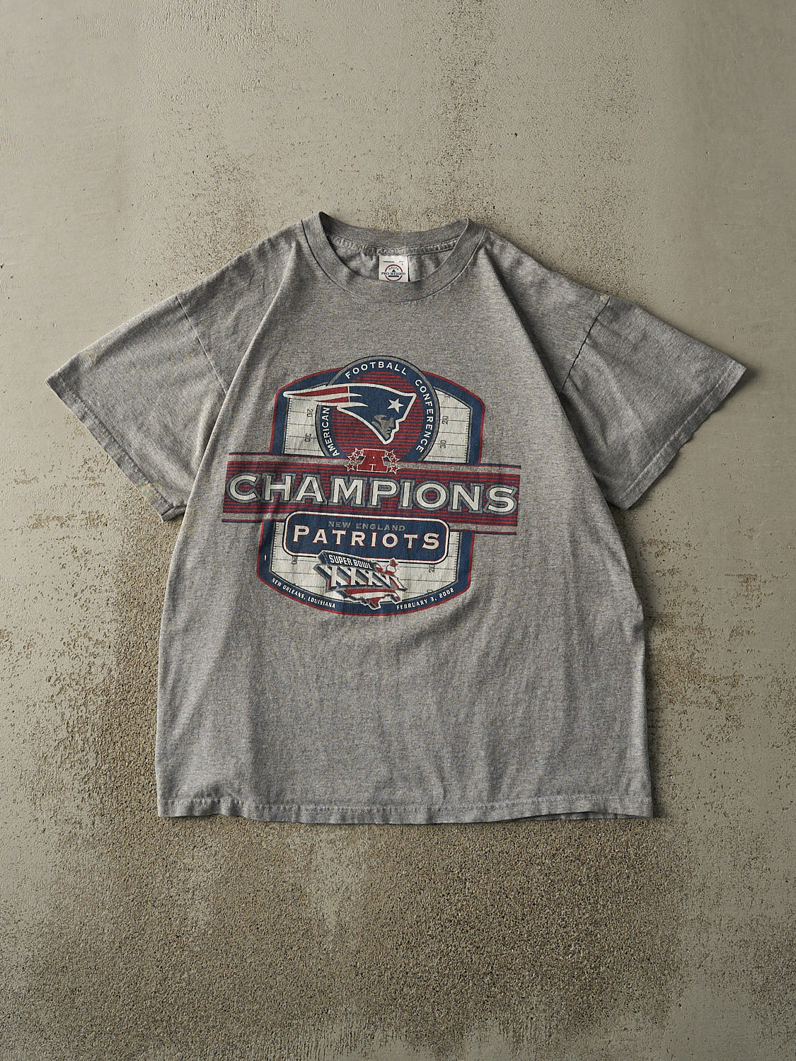 Vintage 02' Grey New England Patriots Super Bowl XXXVI Champions Tee (M/L)