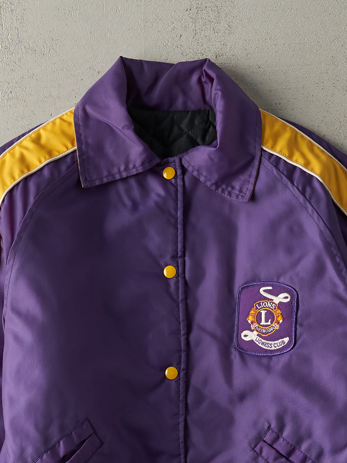 Vintage 80s Purple & Yellow Lions International Lioness Club Quilt Lined Jacket (M)