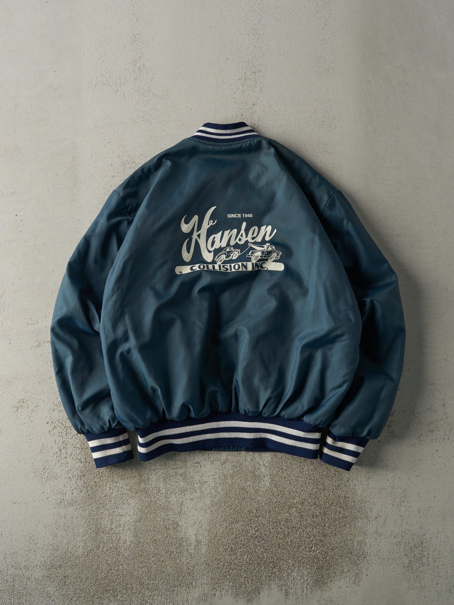 Vintage 80s Blue Hansen Collision Inc Bomber Jacket (XL)