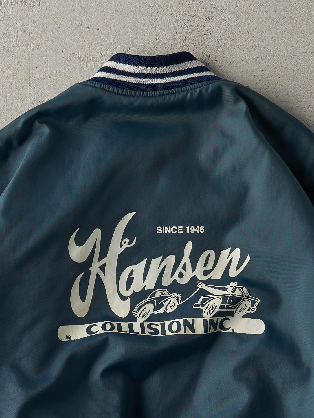 Vintage 80s Blue Hansen Collision Inc Bomber Jacket (XL)