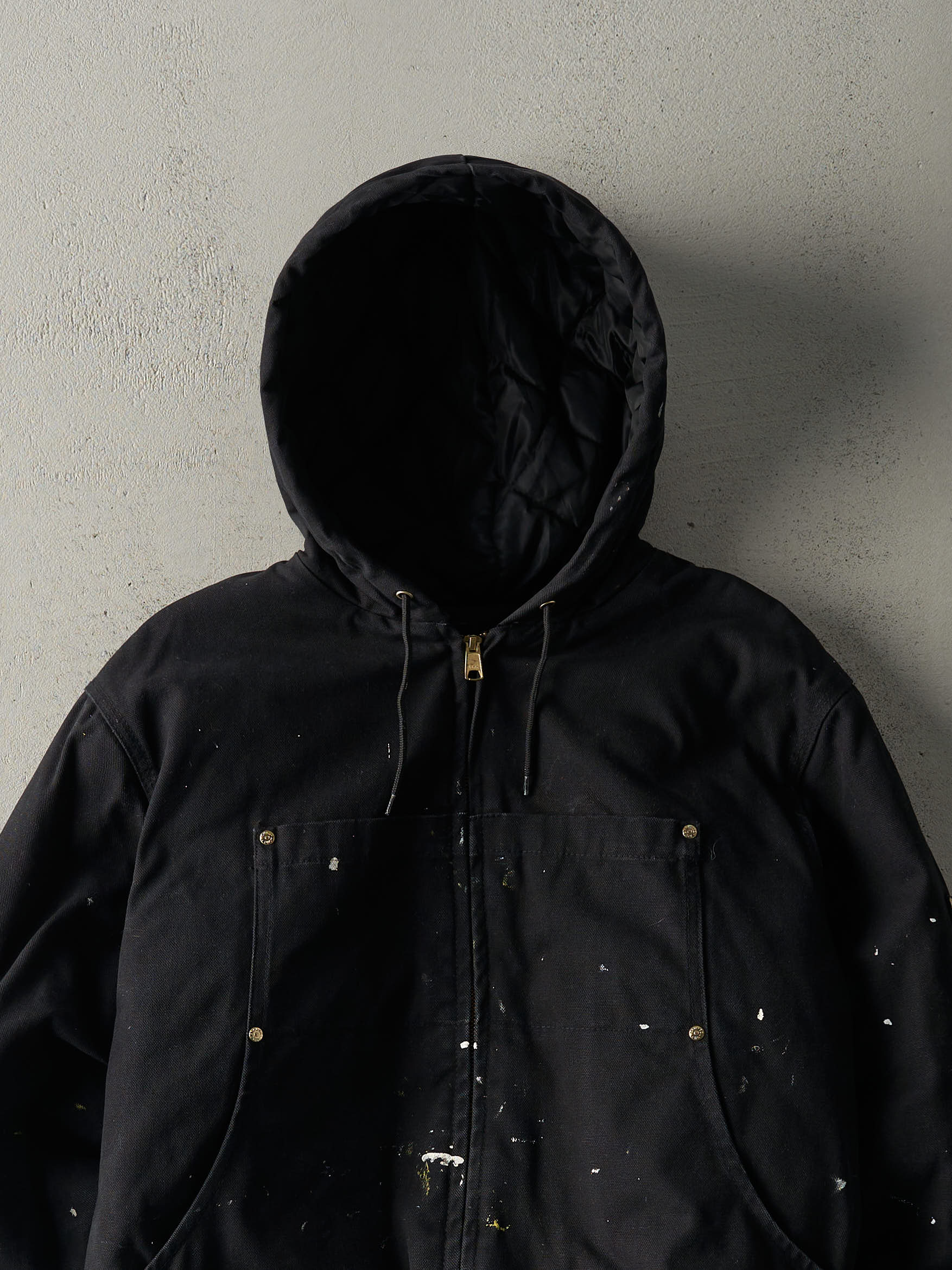 Vintage 90s Black Tough Duck Sunray Painting Quilt Lined Hooded Workwear Jacket (S/M)