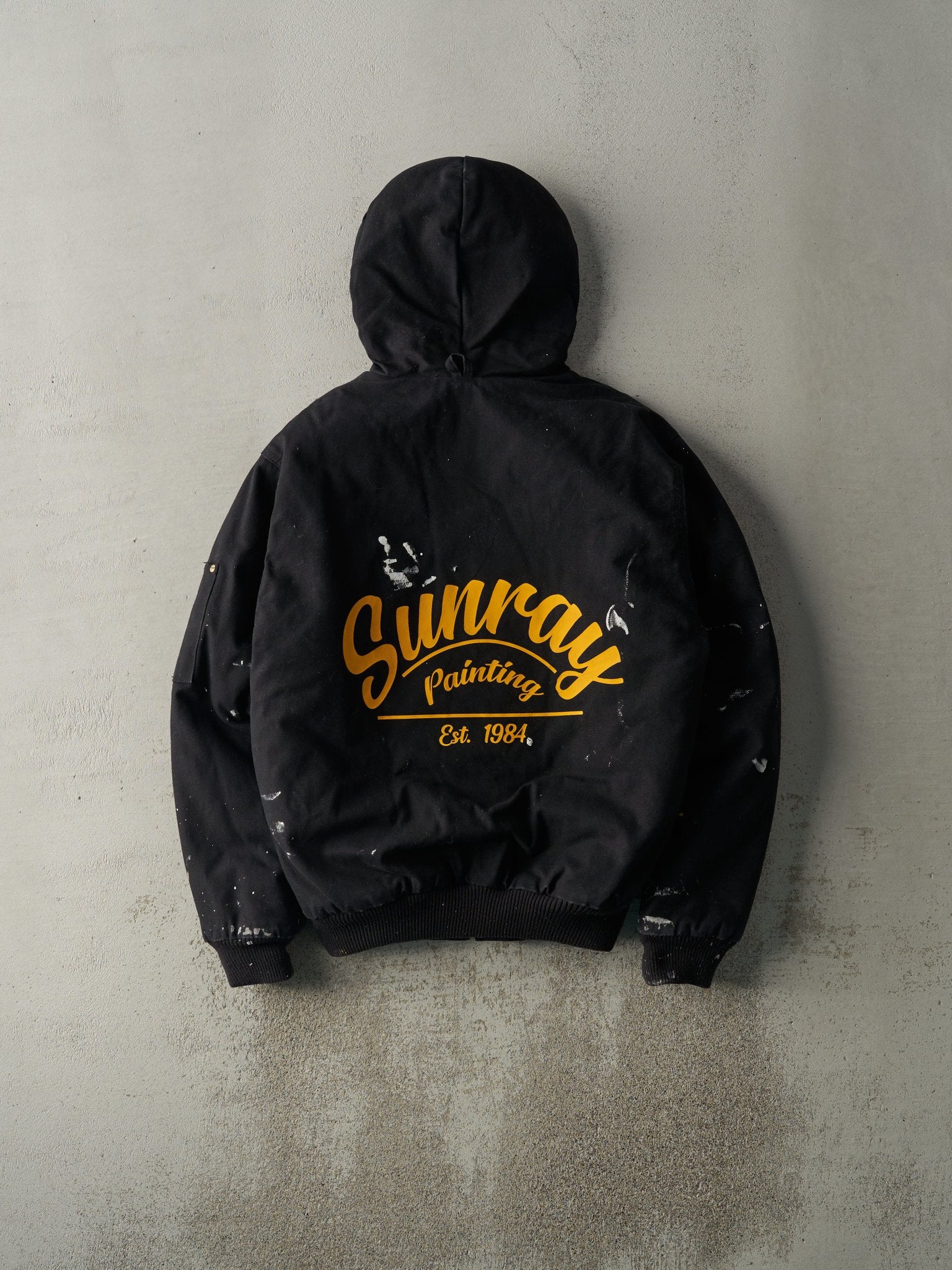 Vintage 90s Black Tough Duck Sunray Painting Quilt Lined Hooded Workwear Jacket (S/M)