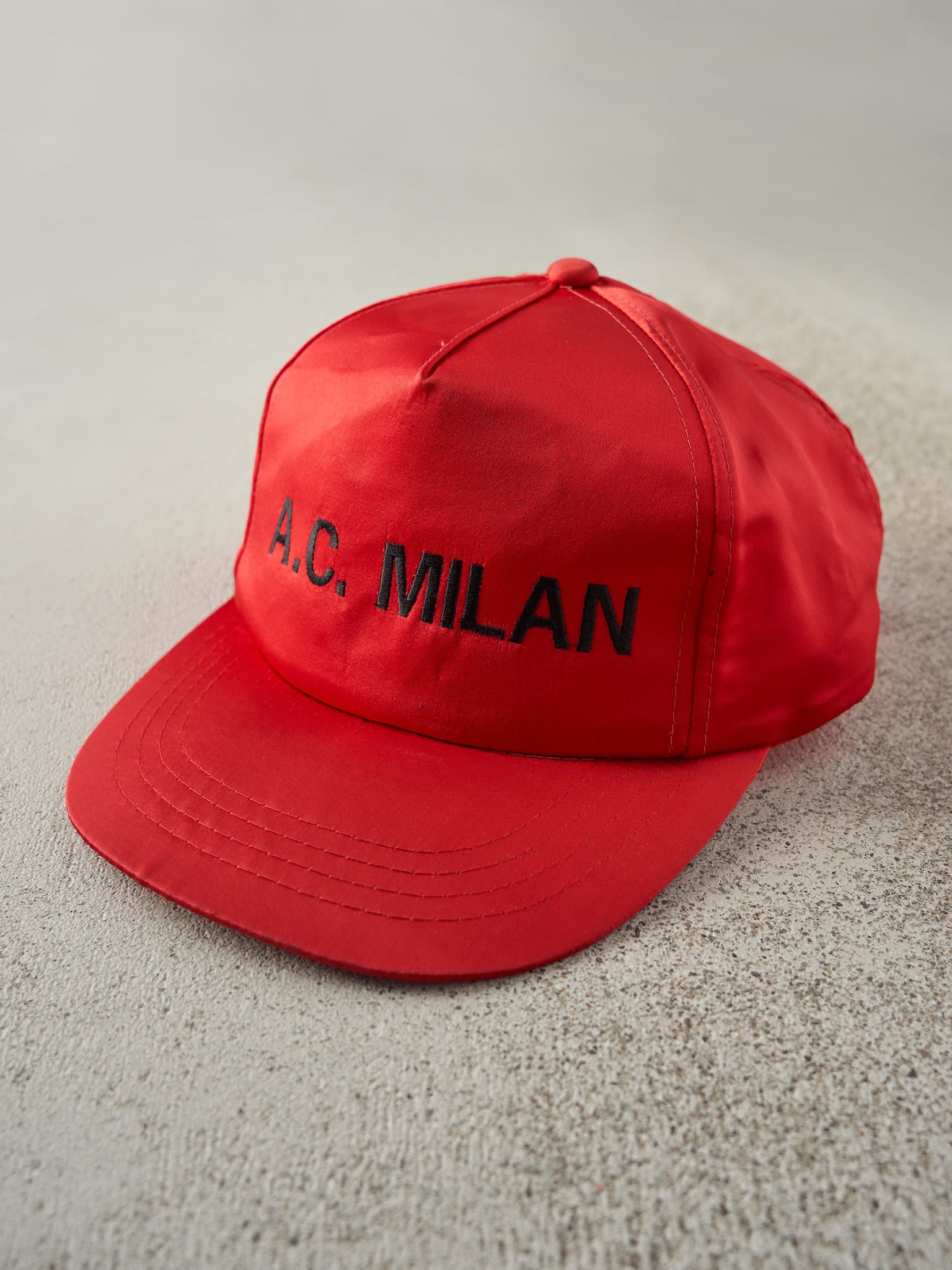 Vintage 90s Red Satin Embroidered A.C. Milan Soccer Snapback Hat