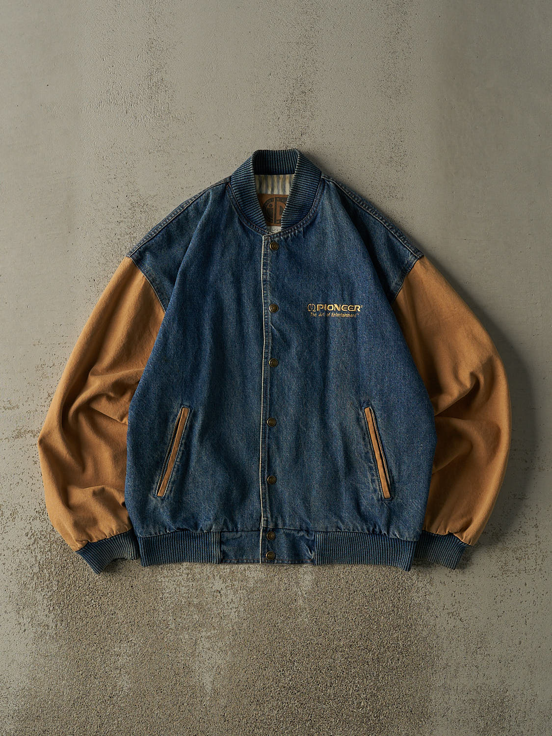 Vintage 90s Dark Wash & Camel Embroidered Varsity Jacket (L/XL)