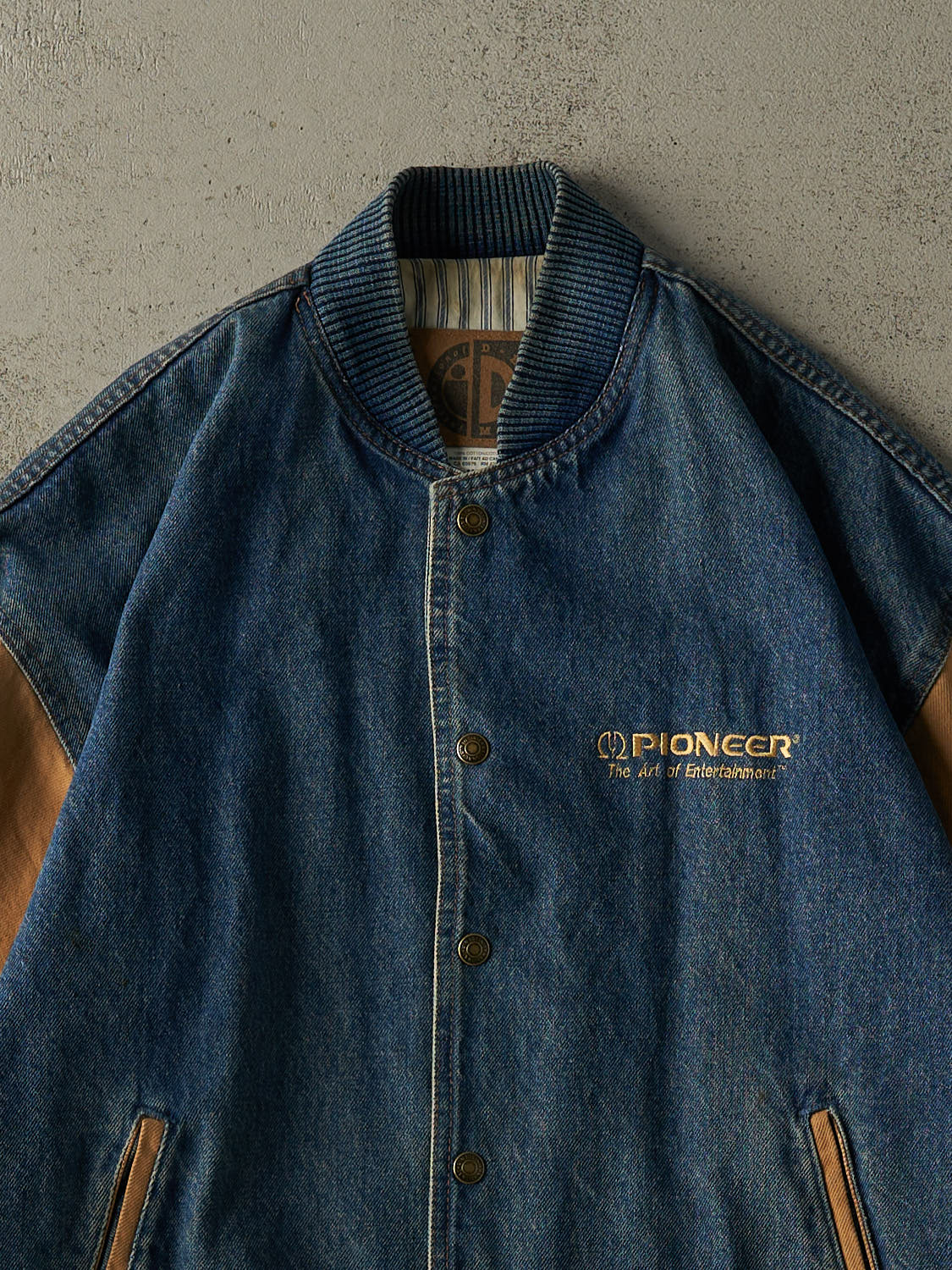 Vintage 90s Dark Wash & Camel Embroidered Varsity Jacket (L/XL)