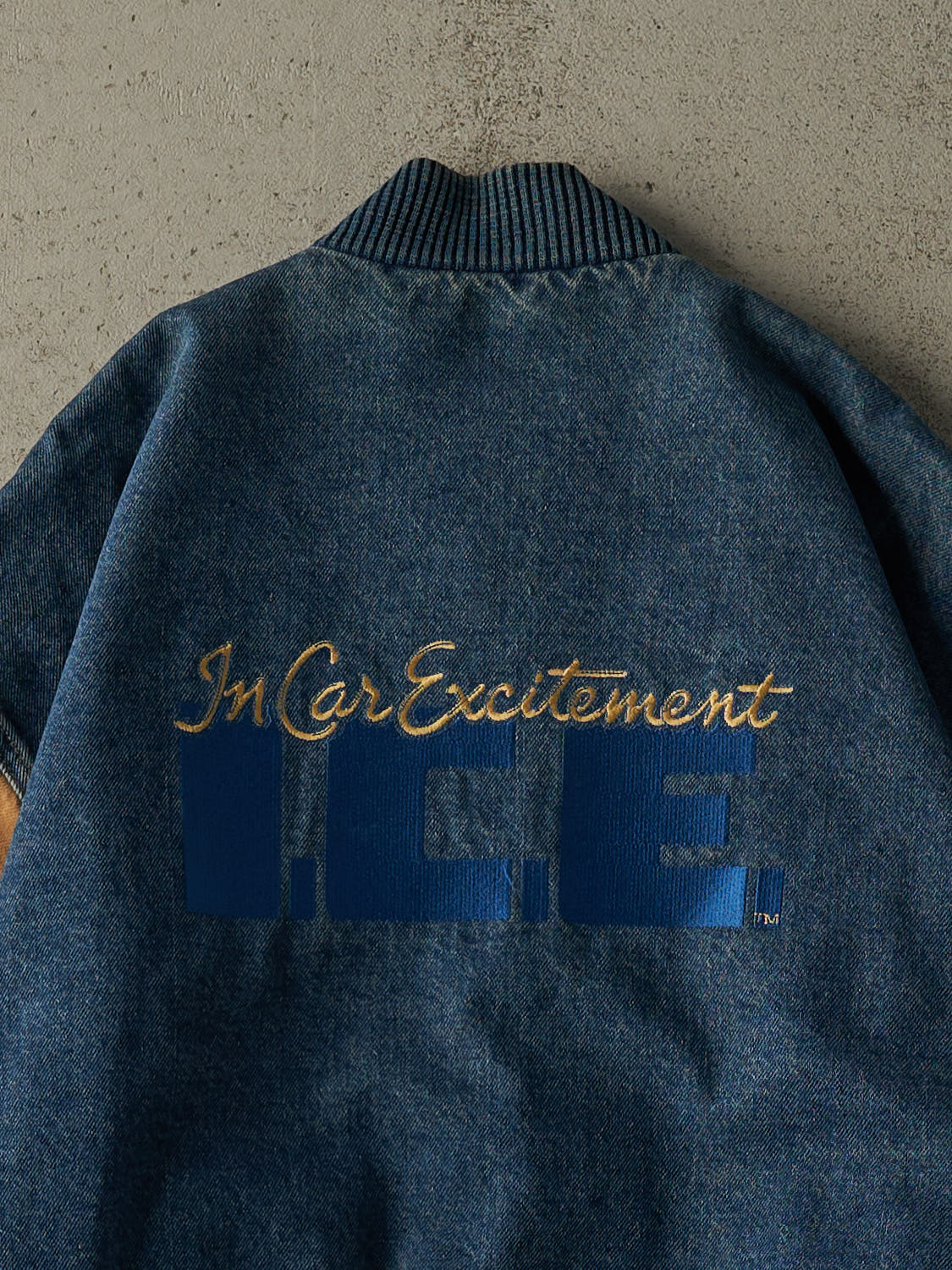 Vintage 90s Dark Wash & Camel Embroidered Varsity Jacket (L/XL)