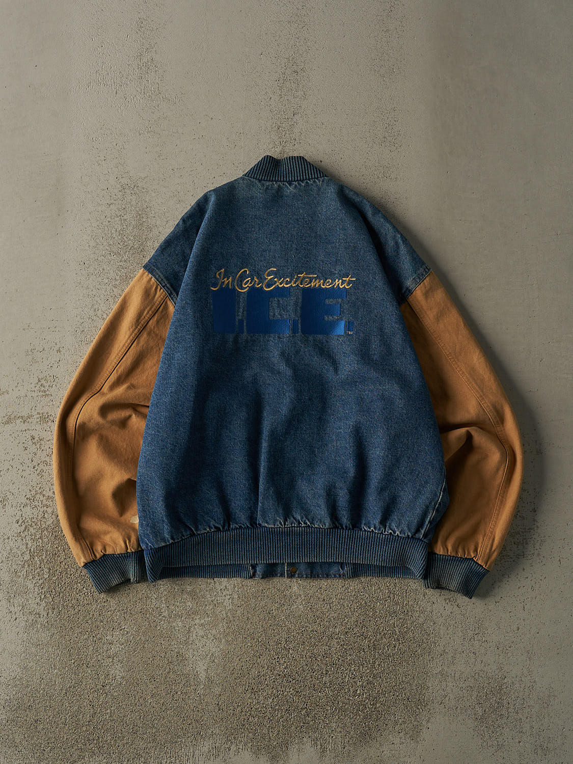 Vintage 90s Dark Wash & Camel Embroidered Varsity Jacket (L/XL)