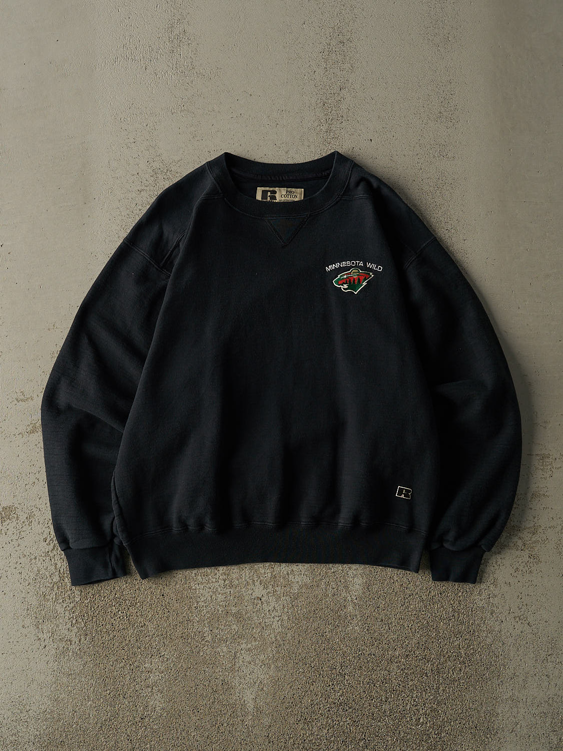 Vintage 90s Faded Black Minnesota Wild Embroidered Russell Athletic Crewneck (L)