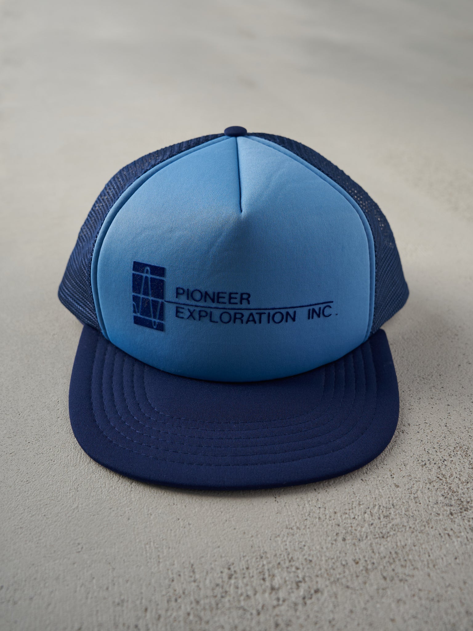 Vintage 90s Navy Pioneer Exploration Inc. Logo Foam Trucker Hat