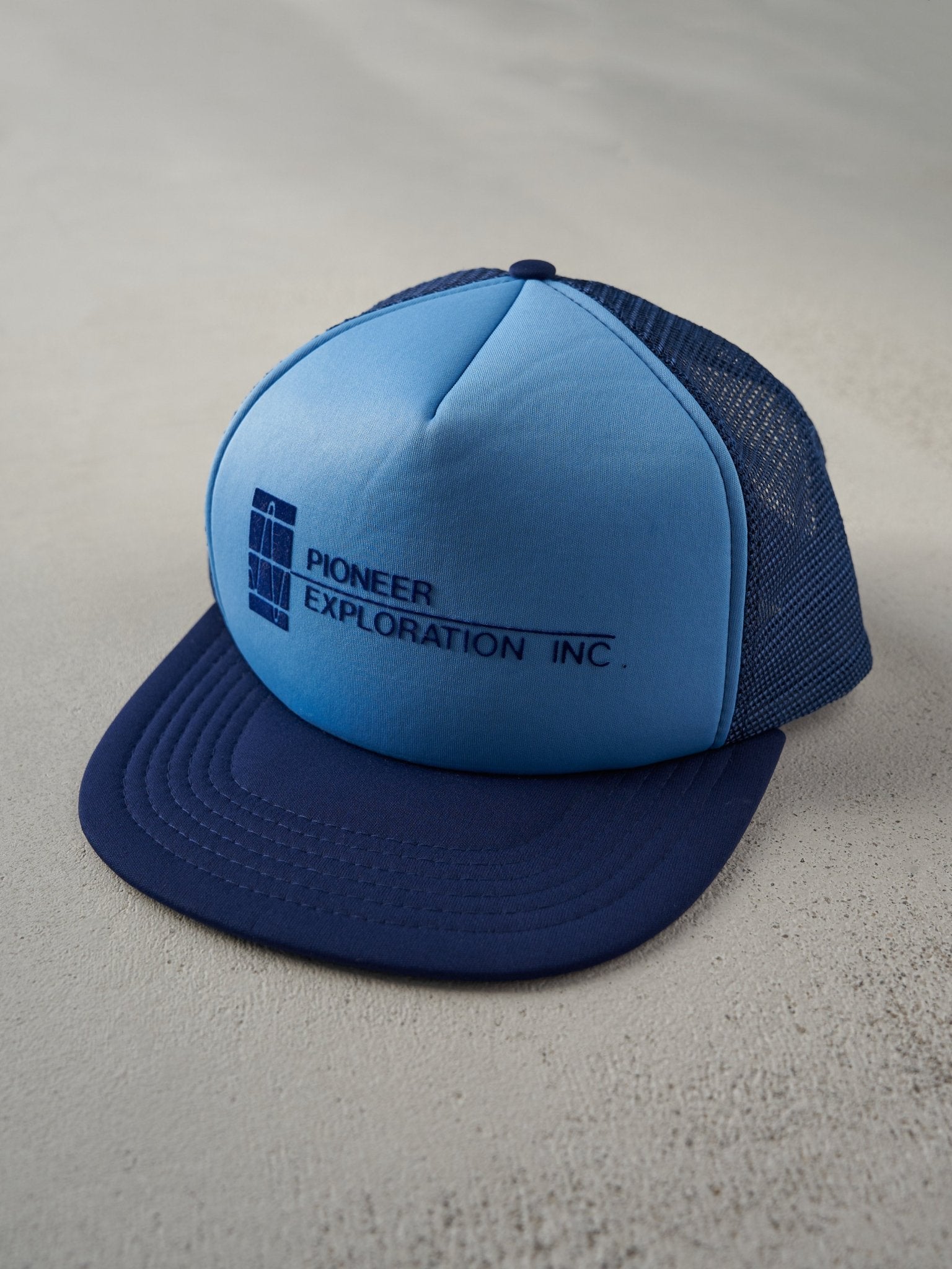 Vintage 90s Navy Pioneer Exploration Inc. Logo Foam Trucker Hat