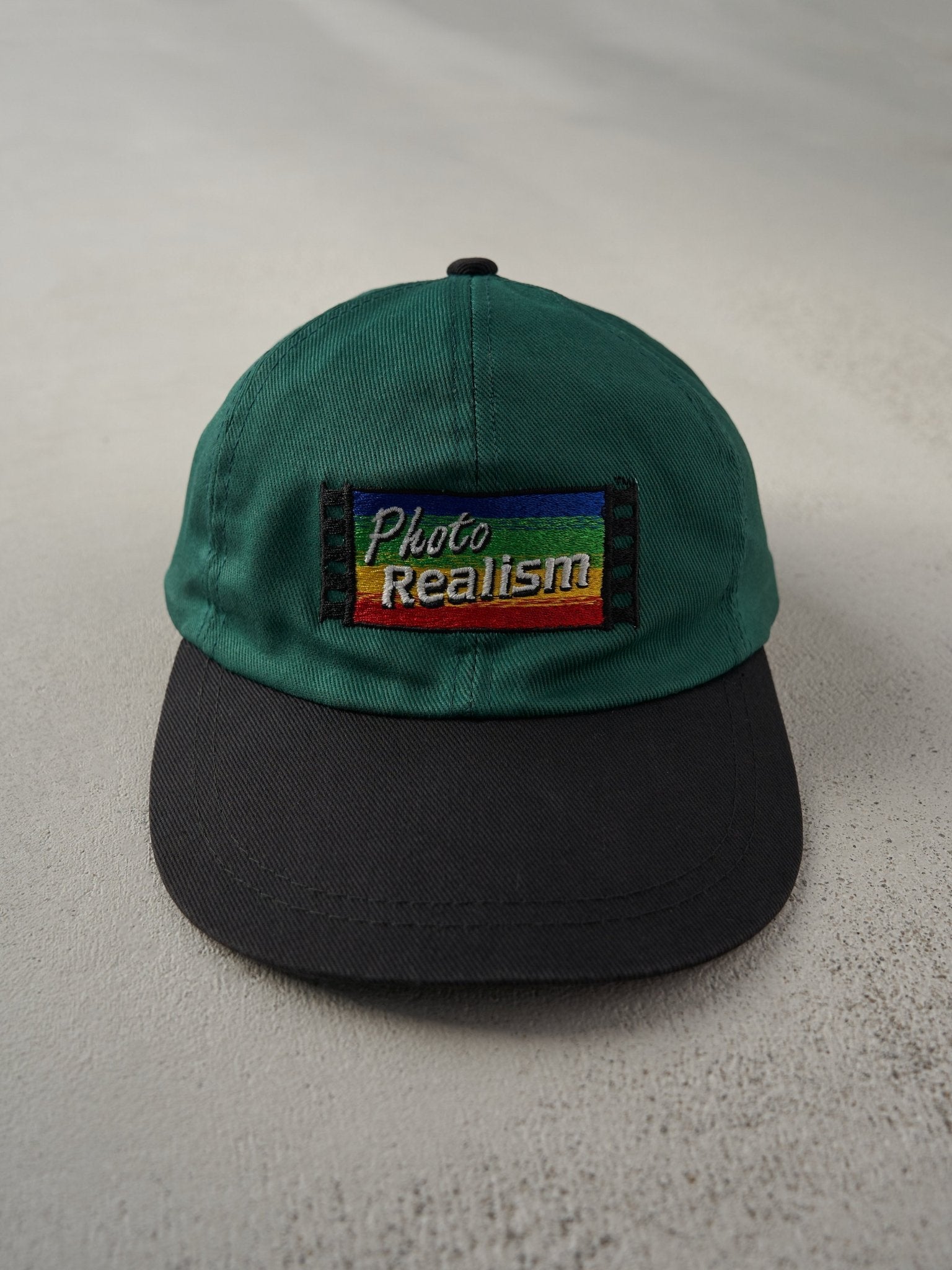 Vintage 90s Forest Green Canon Photo Realism Embroidered Leather Strapback Hat