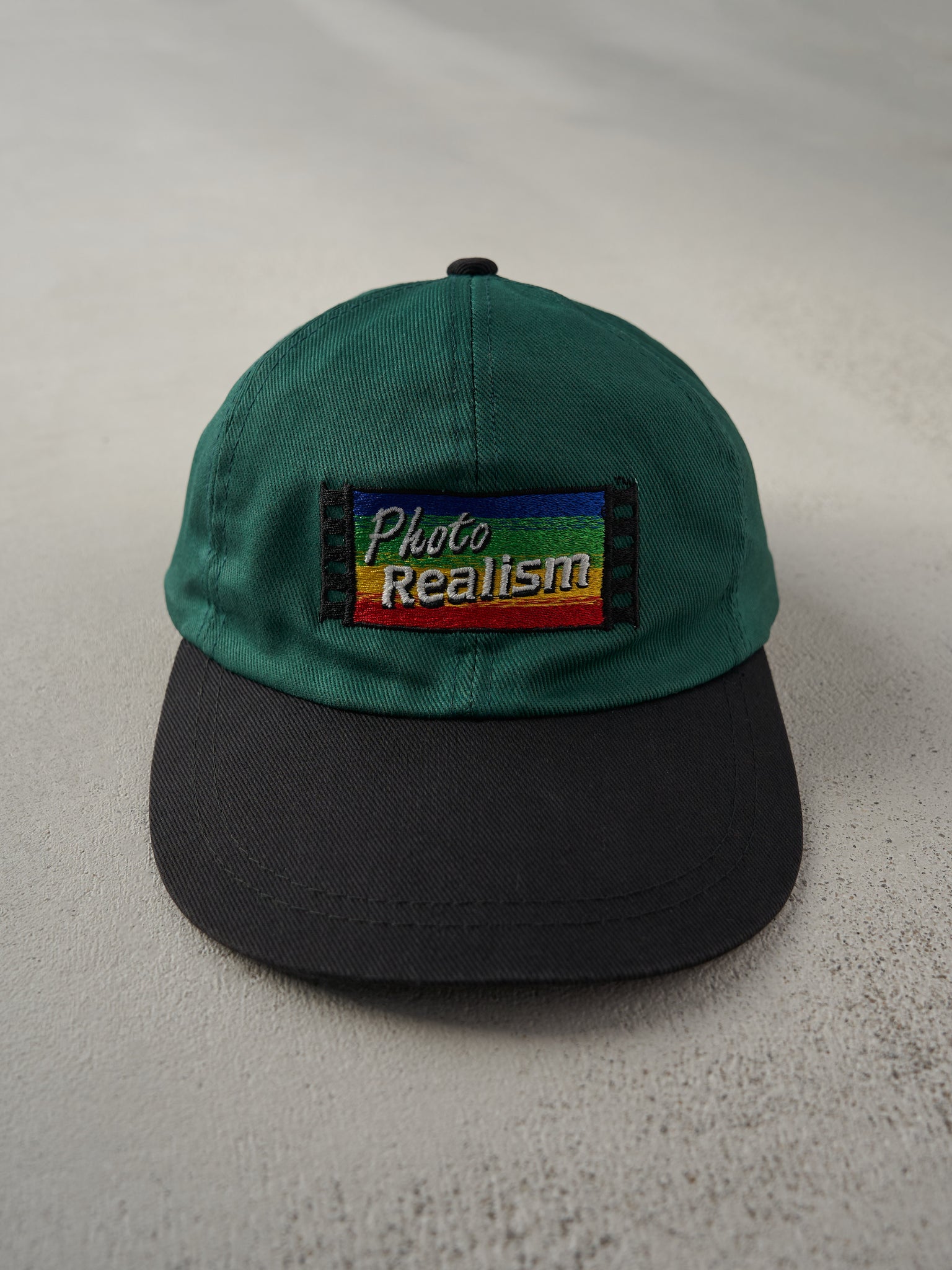 Vintage 90s Forest Green Canon Photo Realism Embroidered Leather Strap Back Hat