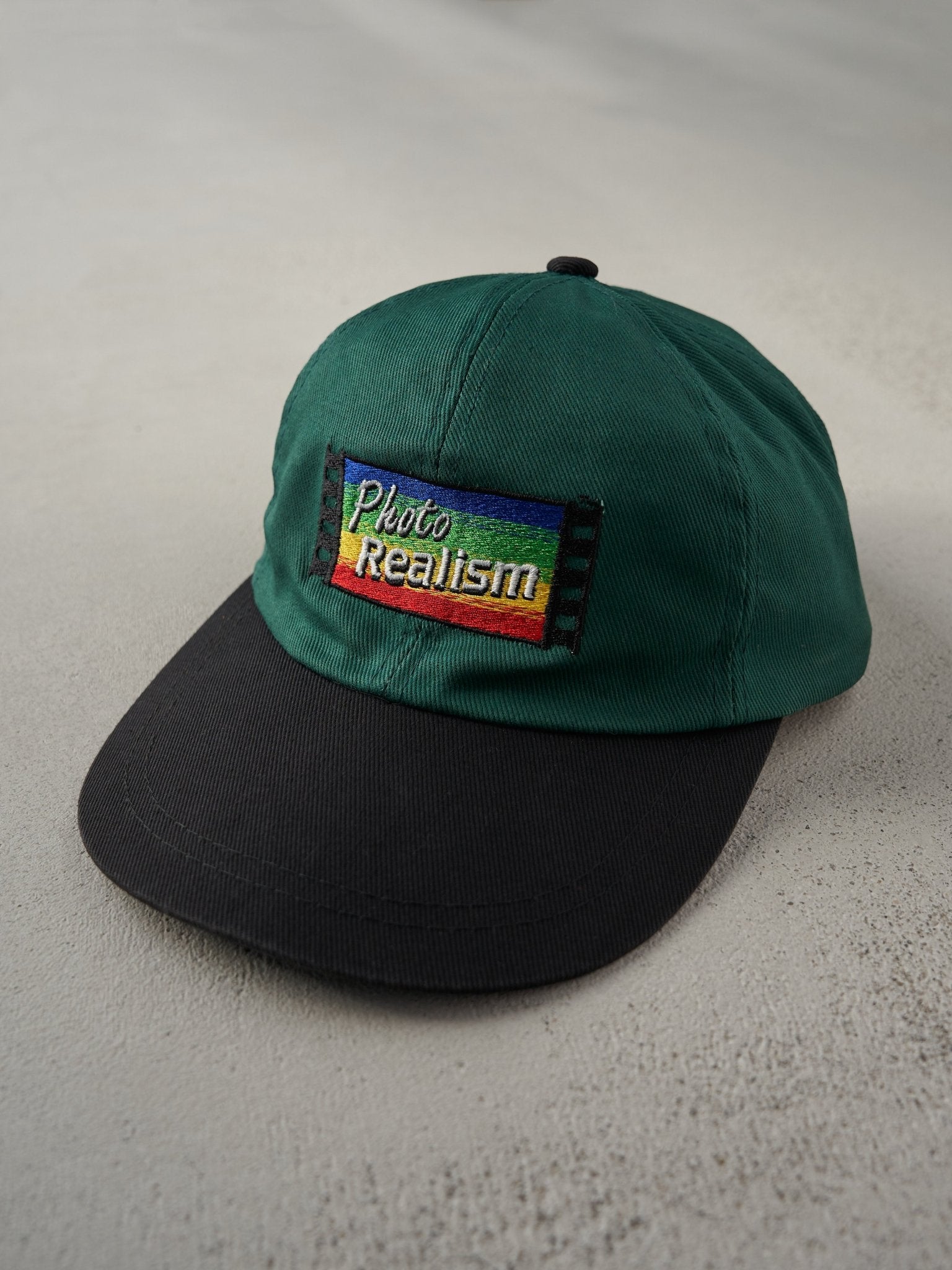 Vintage 90s Forest Green Canon Photo Realism Embroidered Leather Strapback Hat