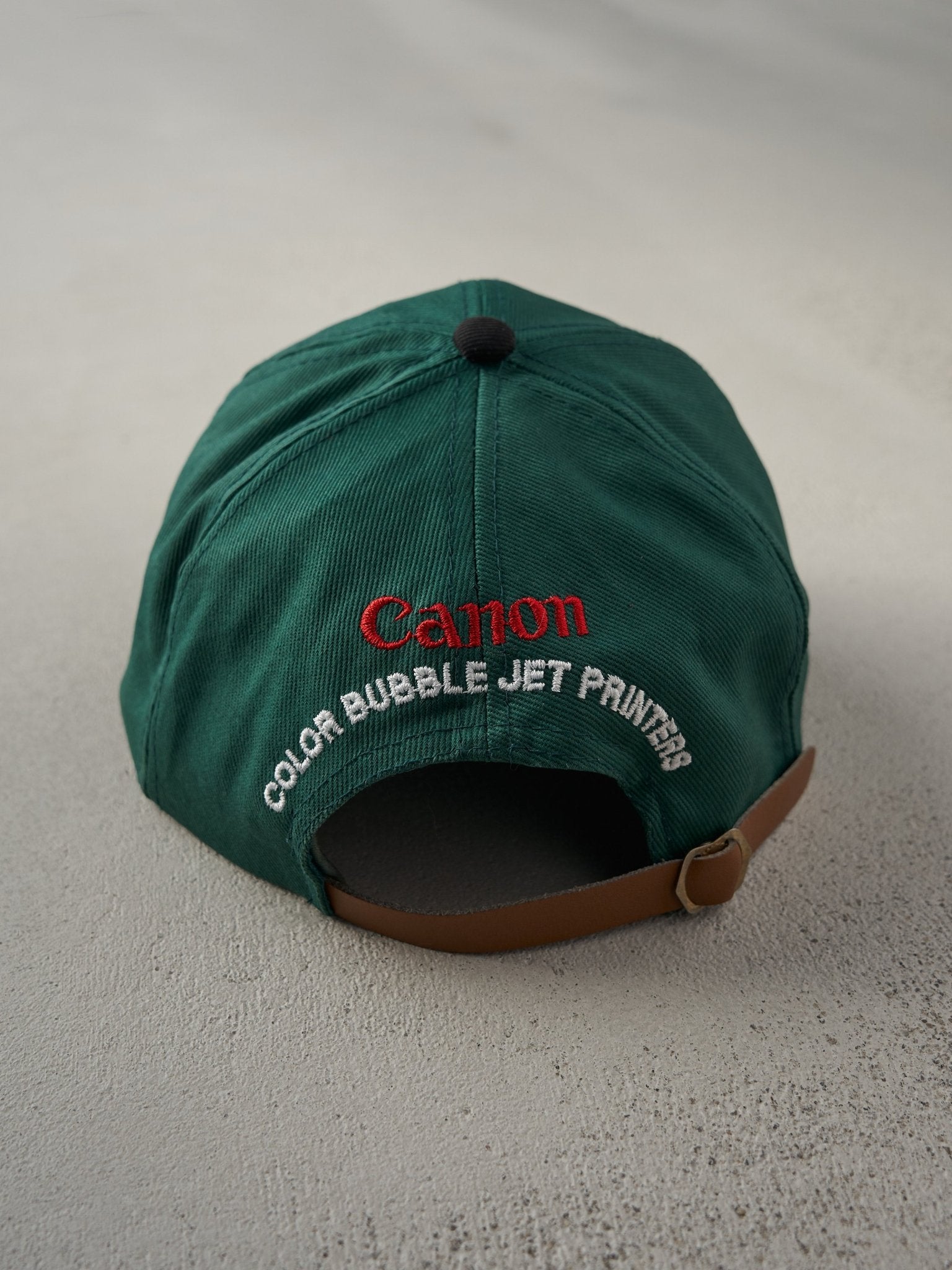 Vintage 90s Forest Green Canon Photo Realism Embroidered Leather Strapback Hat