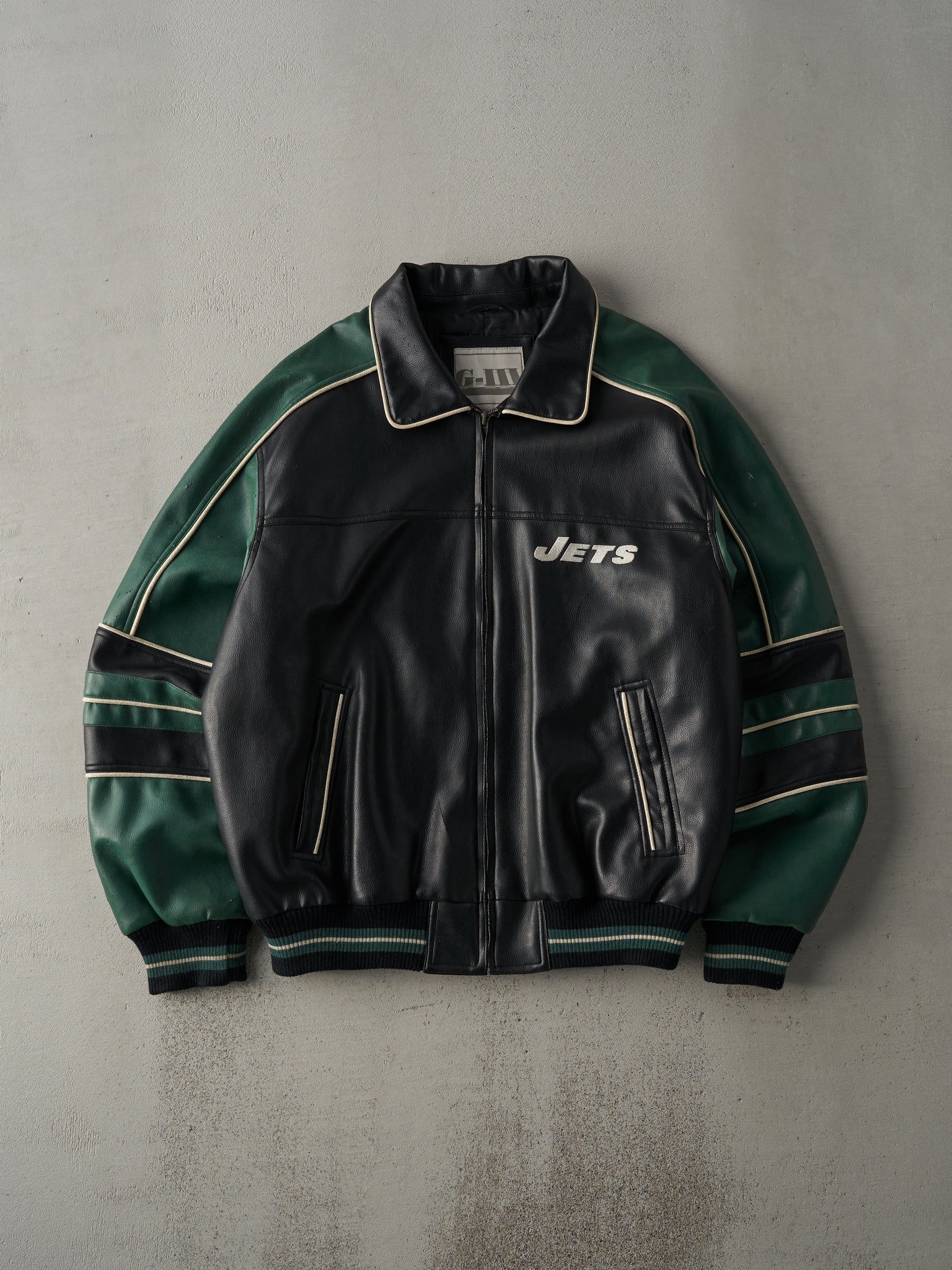 Vintage Y2K Black & Green New York Jets Leather Bomber Jacket (L)