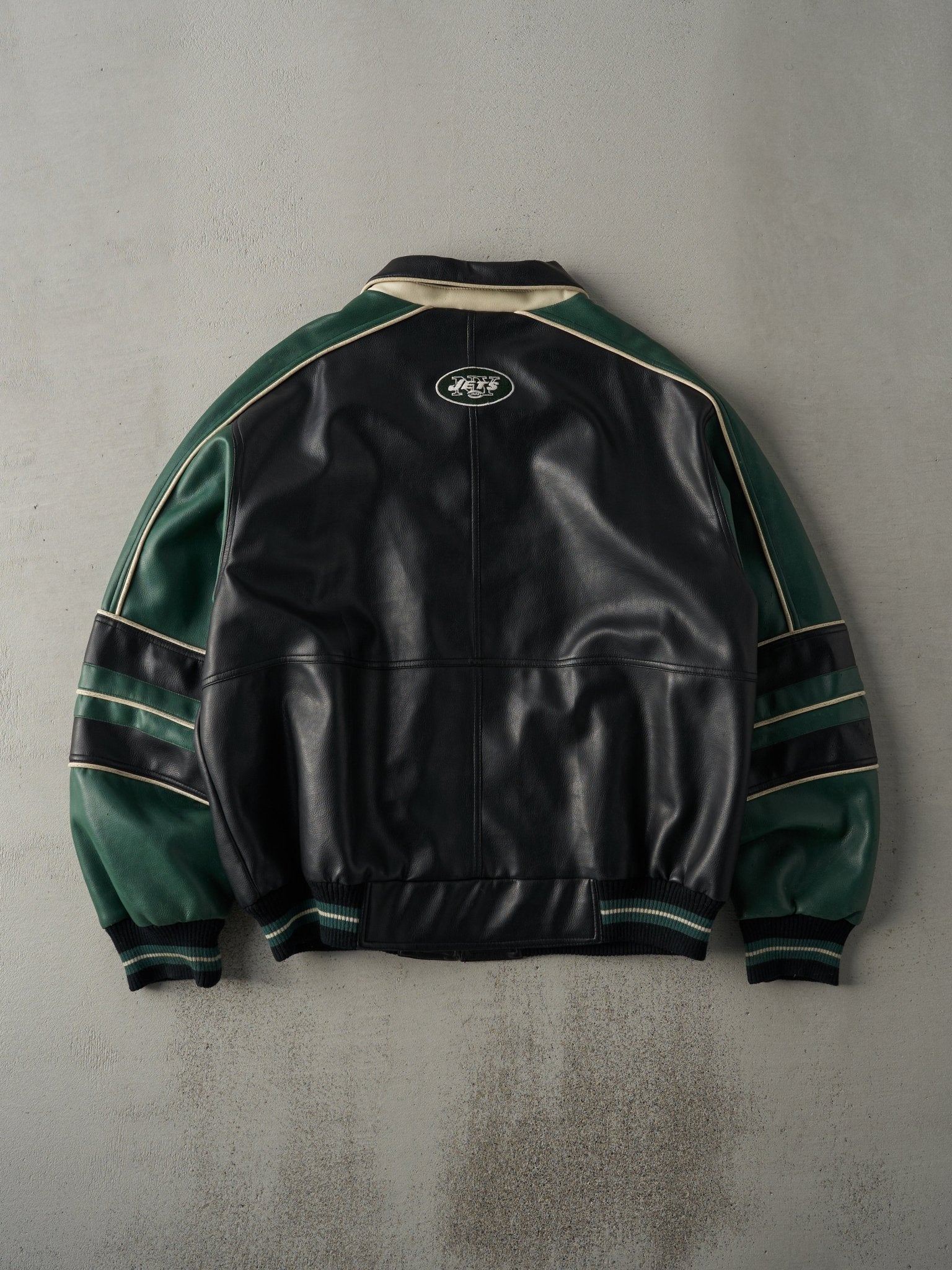 Vintage Y2K Black & Green New York Jets Leather Bomber Jacket (L)
