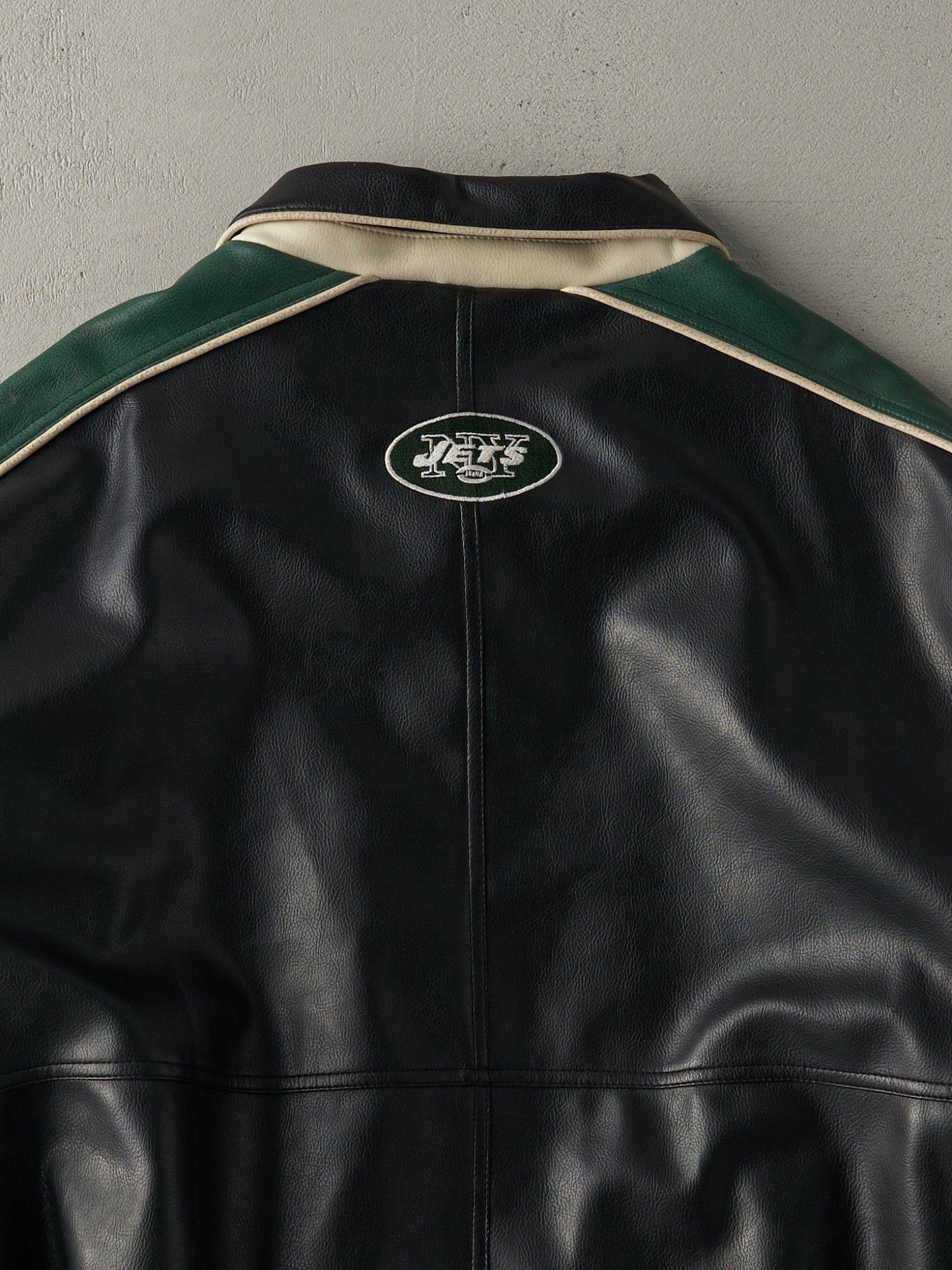 Vintage Y2K Black & Green New York Jets Leather Bomber Jacket (L)