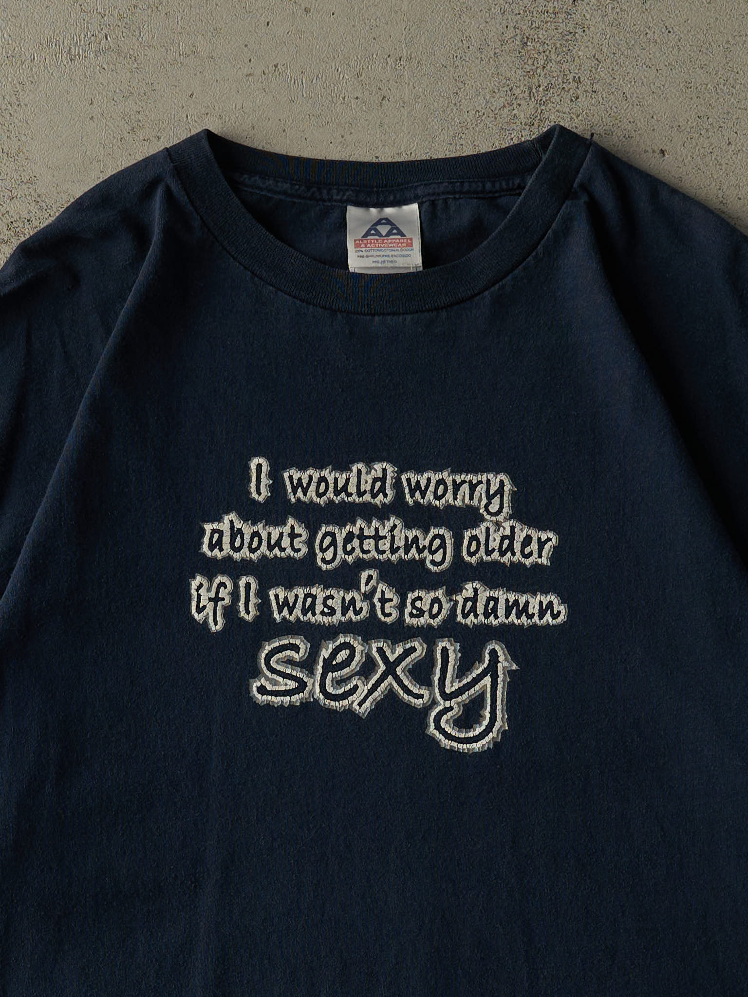Vintage Y2K Navy Blue "So Damn Sexy" Slogan Tee (XL/XXL)