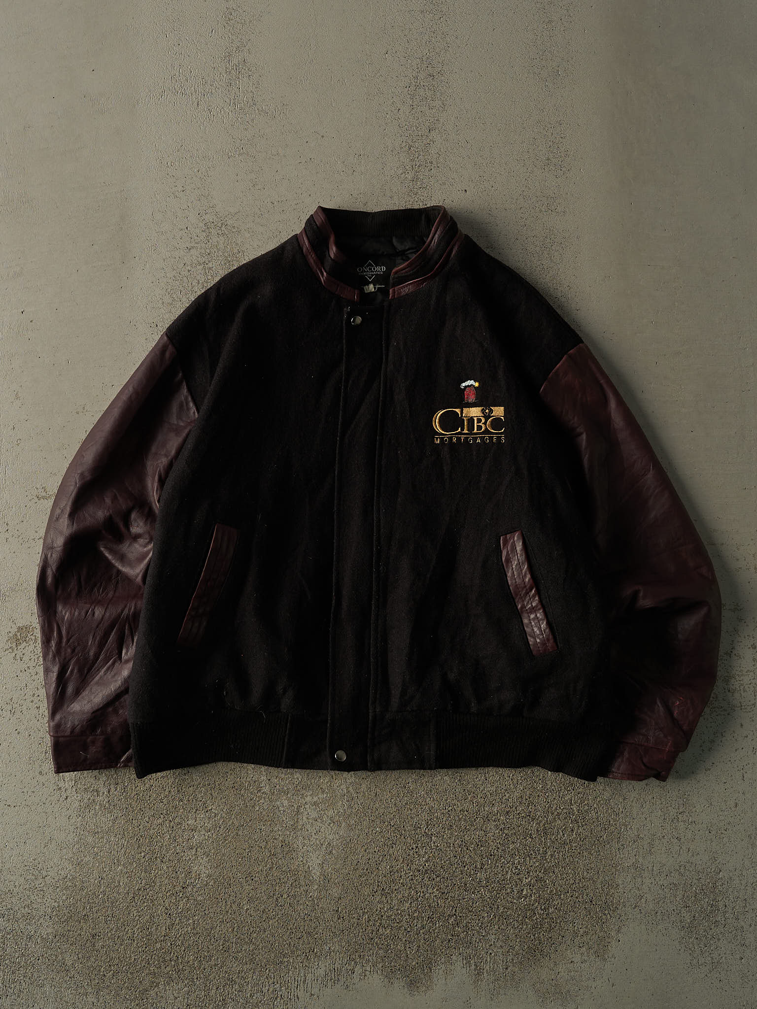 Vintage 90s Black & Burgundy Embroidered CIBC Varsity Jacket (XL/XXL)