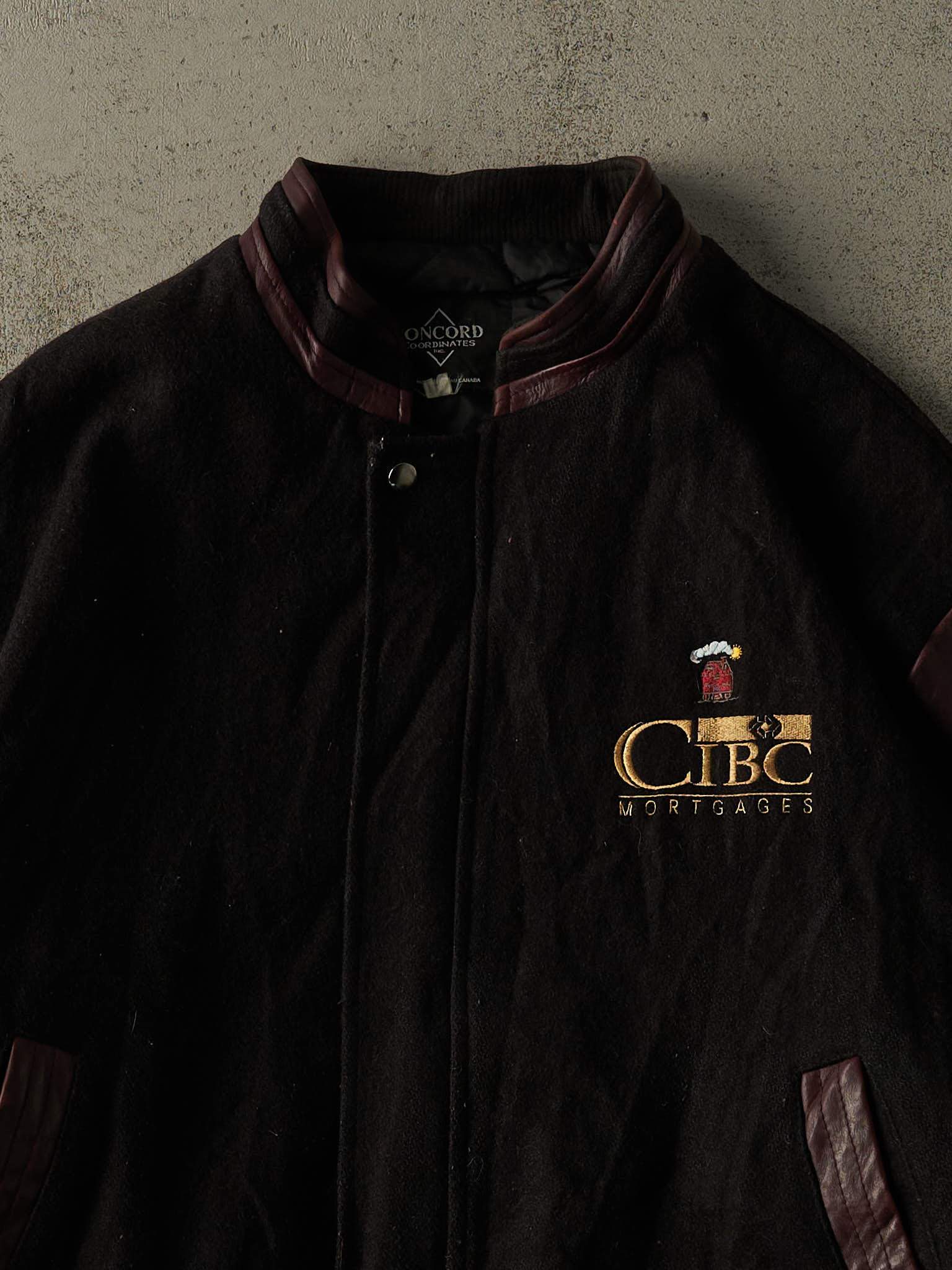 Vintage 90s Black & Burgundy Embroidered CIBC Varsity Jacket (XL/XXL)