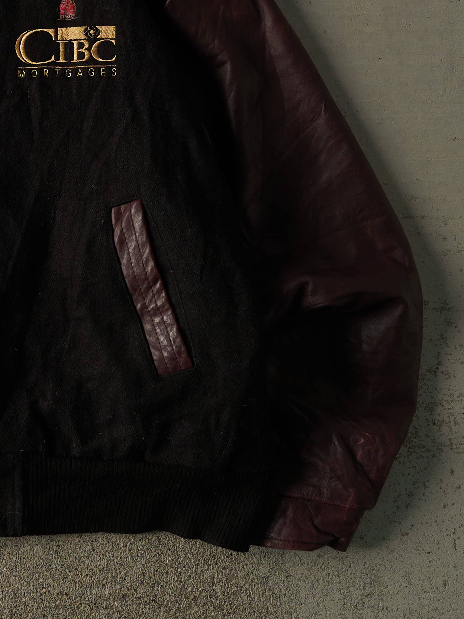 Vintage 90s Black & Burgundy Embroidered CIBC Varsity Jacket (XL/XXL)