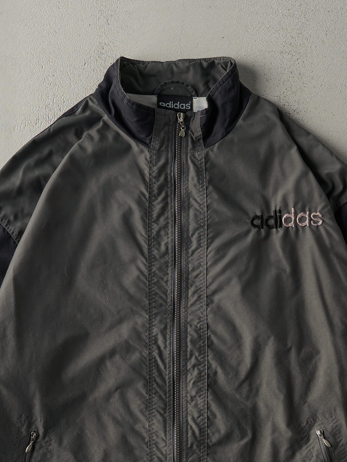 Vintage 90s Charcoal Grey & Black Adidas Windbreaker Jacket (XL)