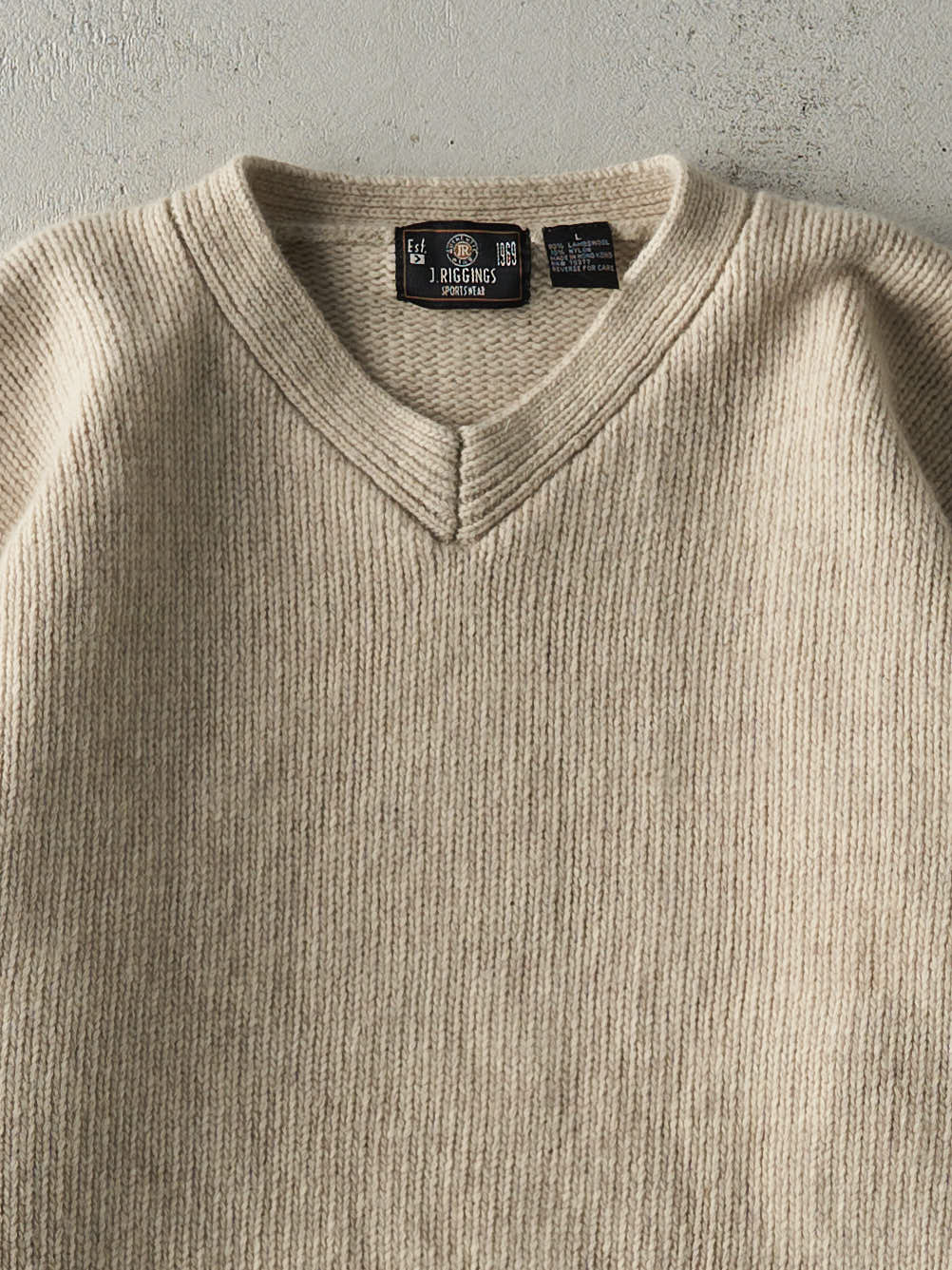 Vintage 90s Beige Wool V-Neck Knit (M)