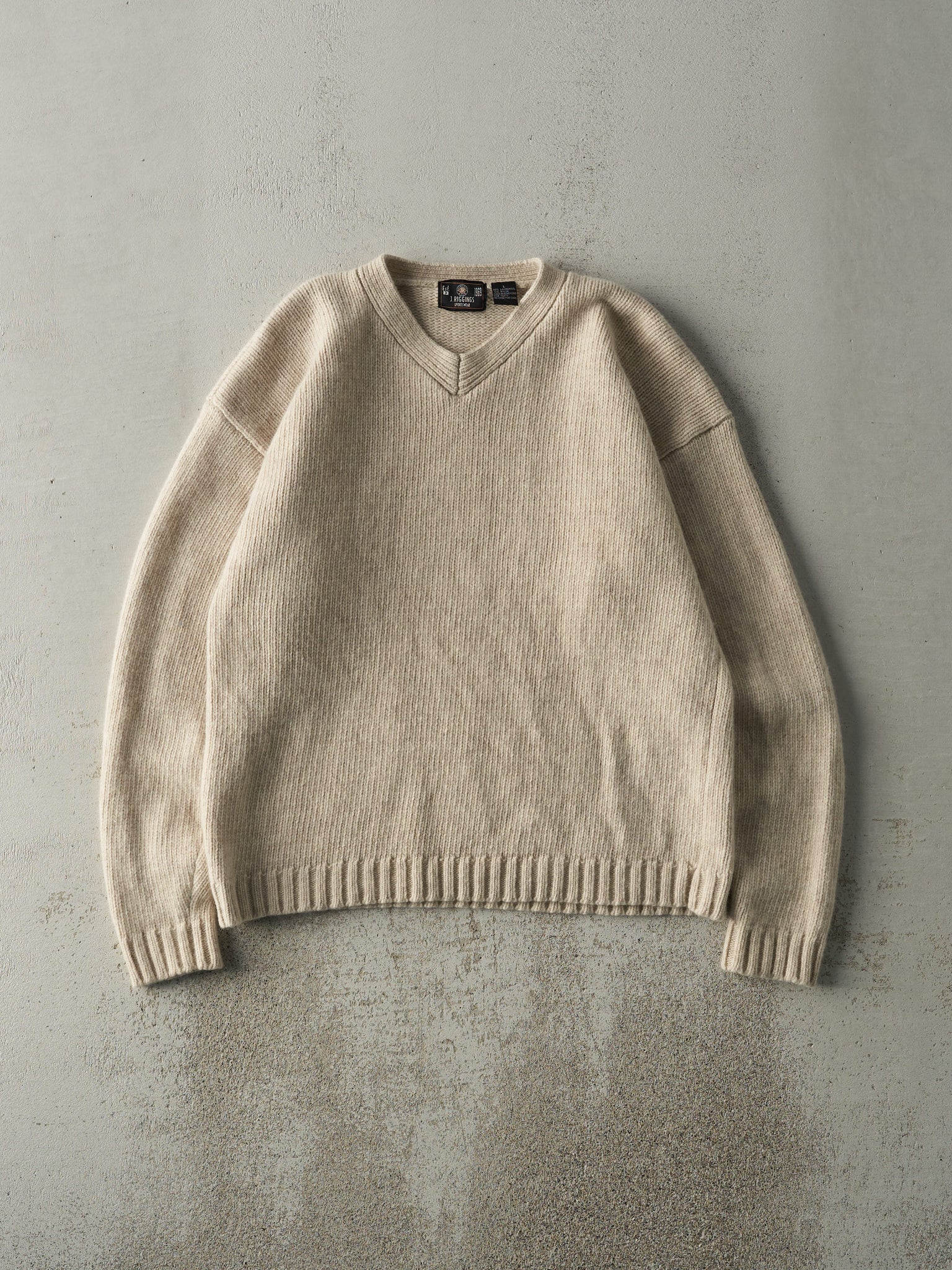 Vintage 90s Beige Wool V-Neck Knit (M)