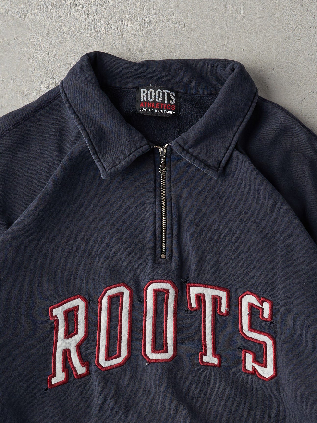 Vintage 90s Navy Roots Athletics Quarter Zip Boxy Crewneck (XL)