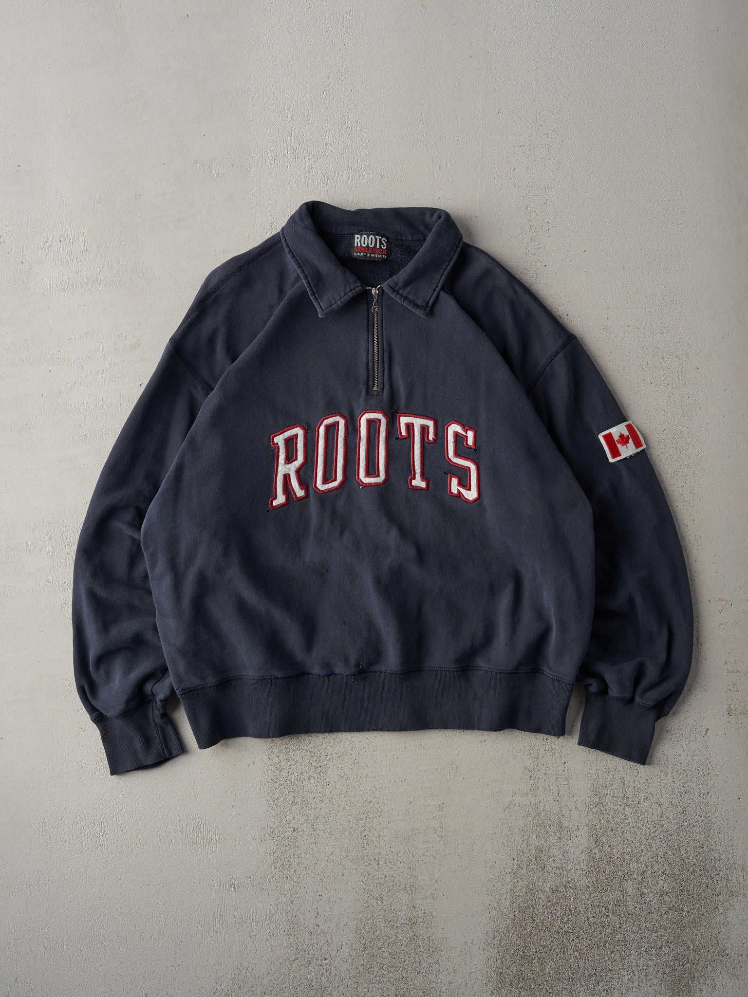 Vintage 90s Navy Roots Athletics Quarter Zip Boxy Crewneck (XL)